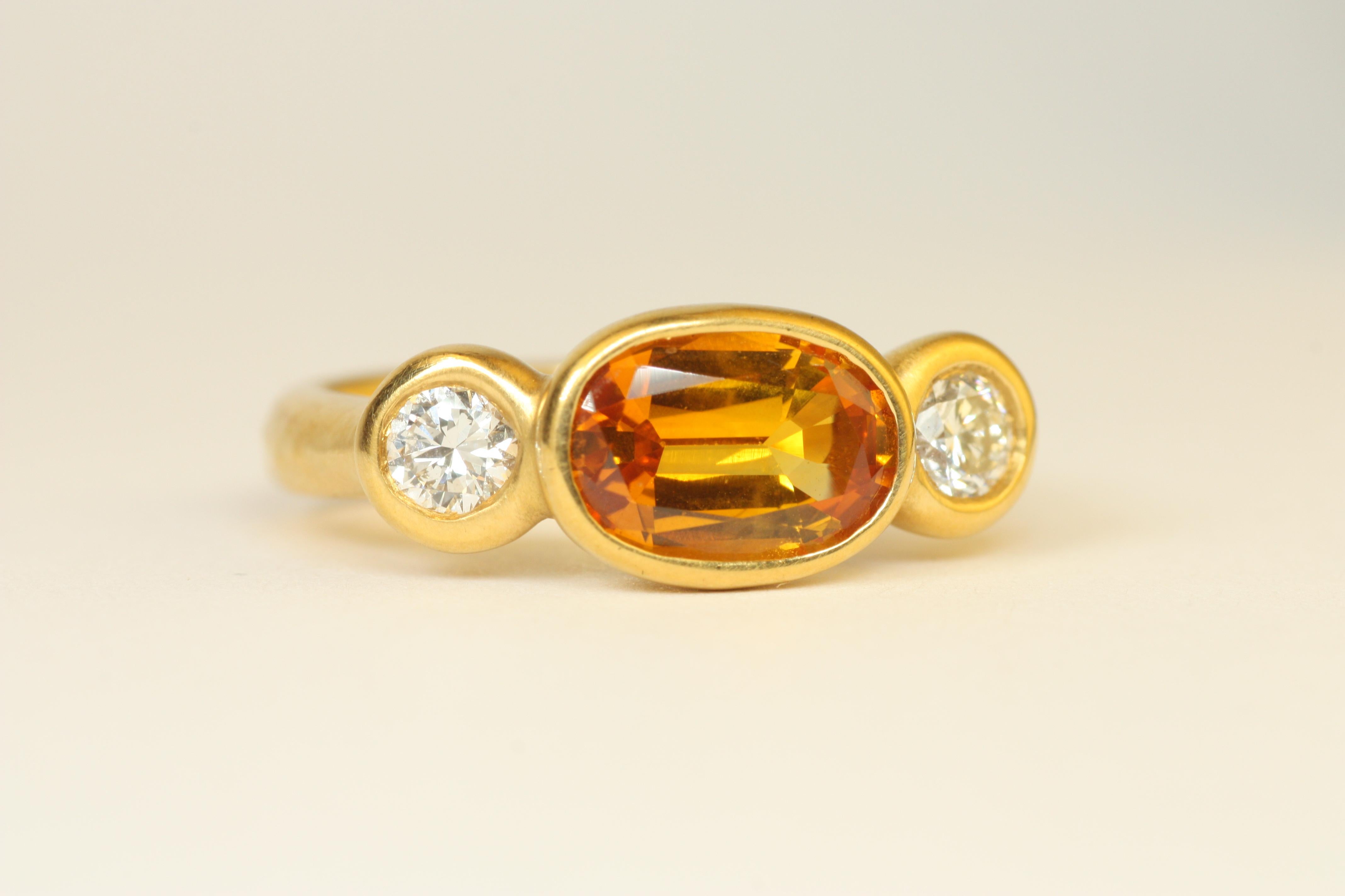 Oval Cut 1.95ct Oval Yellow Sapphire & 0.42ct Round Cut Diamond 22K Gold 3-Stone Ring For Sale