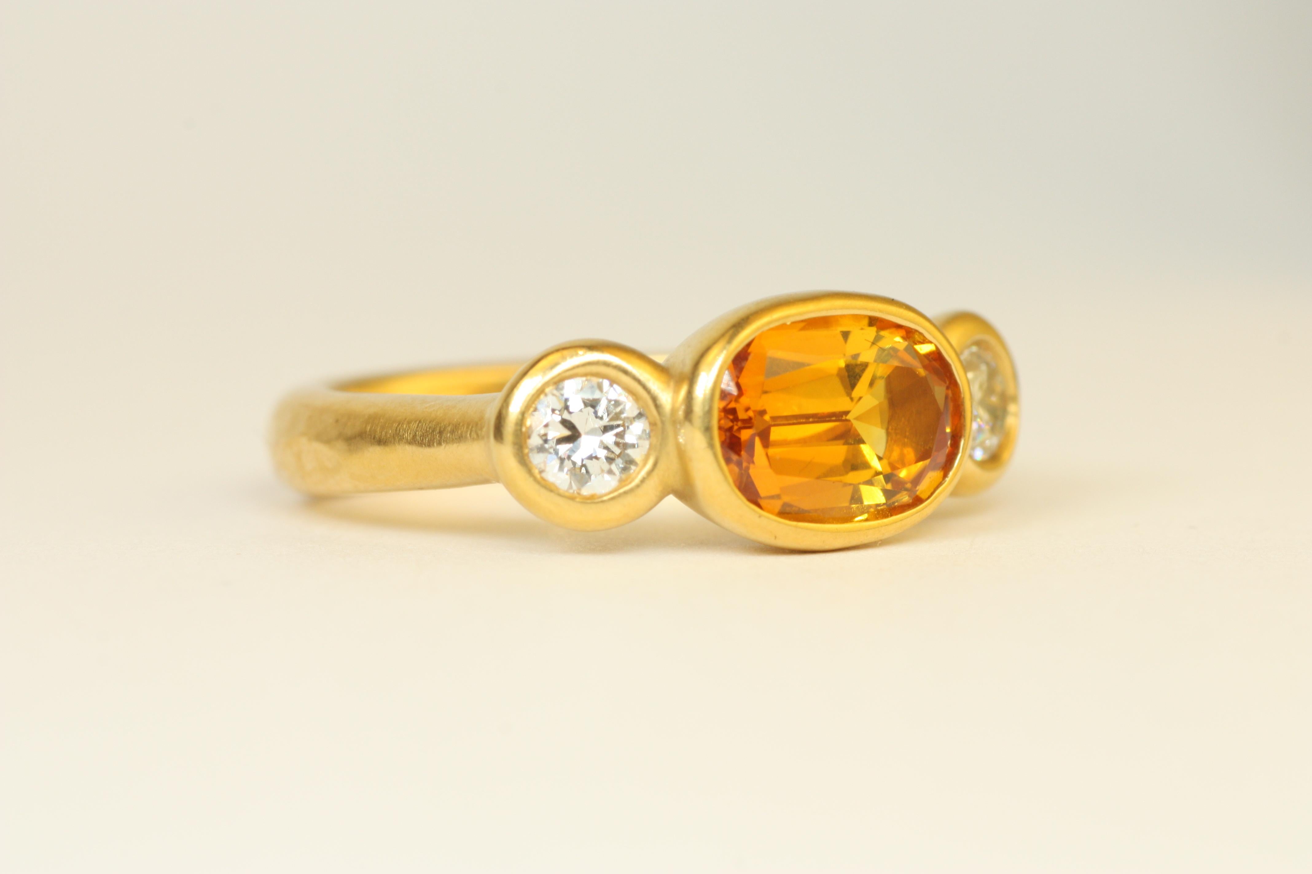 1.95ct Oval Yellow Sapphire & 0.42ct Round Cut Diamond 22K Gold 3-Stone Ring In New Condition For Sale In Santa Monica, CA