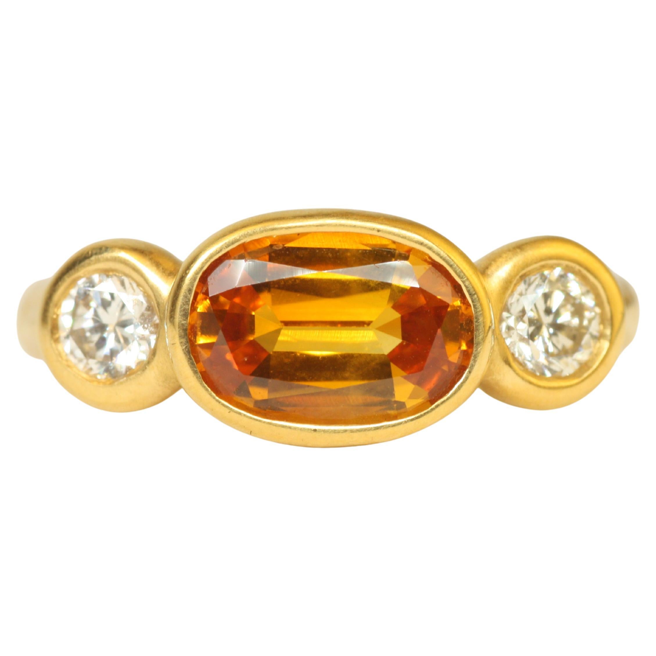 1.95ct Oval Yellow Sapphire & 0.42ct Round Cut Diamond 22K Gold 3-Stone Ring