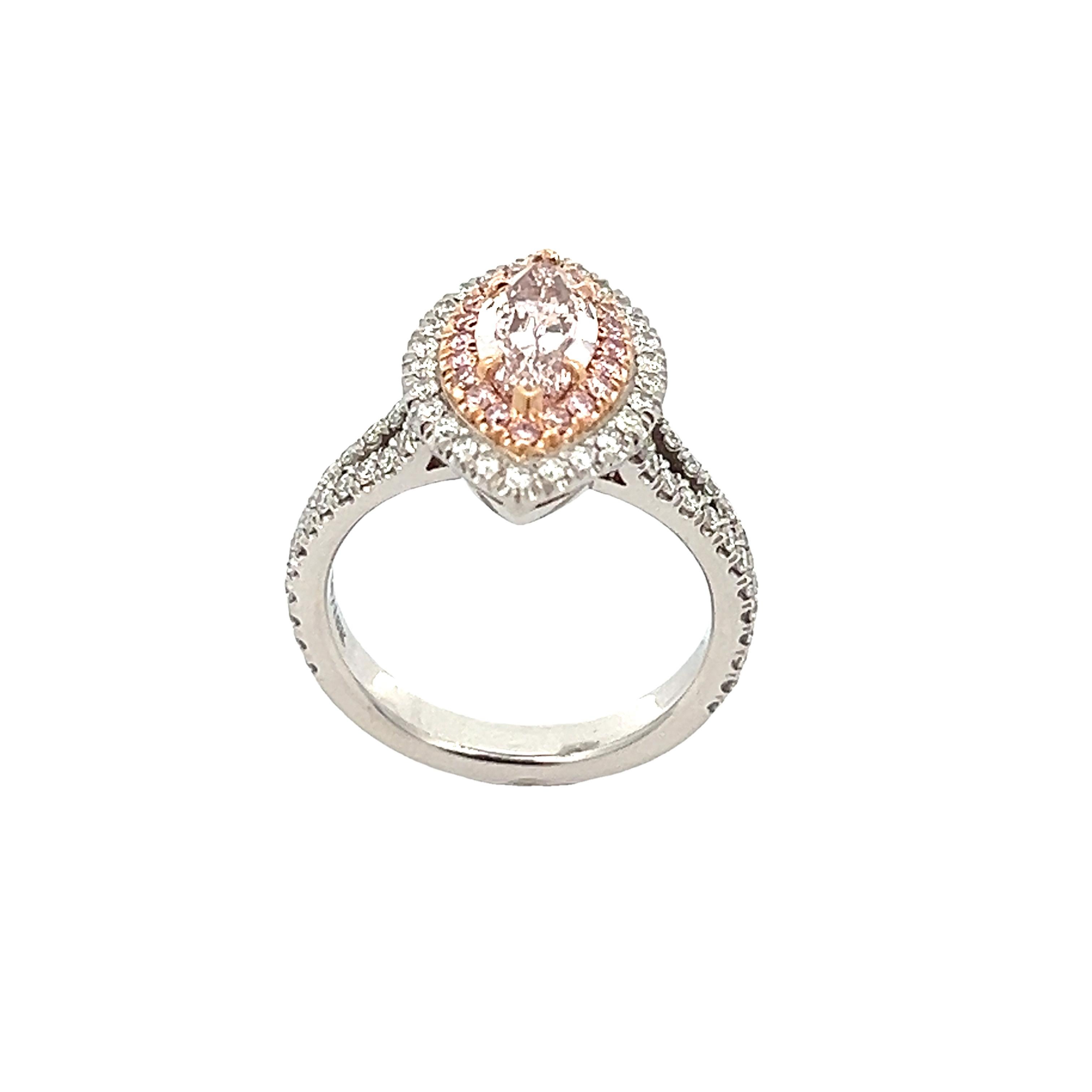 Marquise Cut 1.95CT Total Weight MQ Fancy Light Pink Ring Set in PLAT & 18KR For Sale