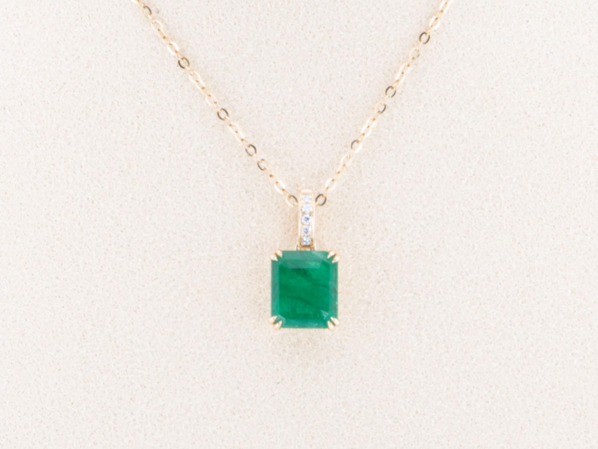 Emerald Cut 1.95ct Zambian Emerald Pendant with Clip-On Diamond Bail 14K Gold R4481 For Sale