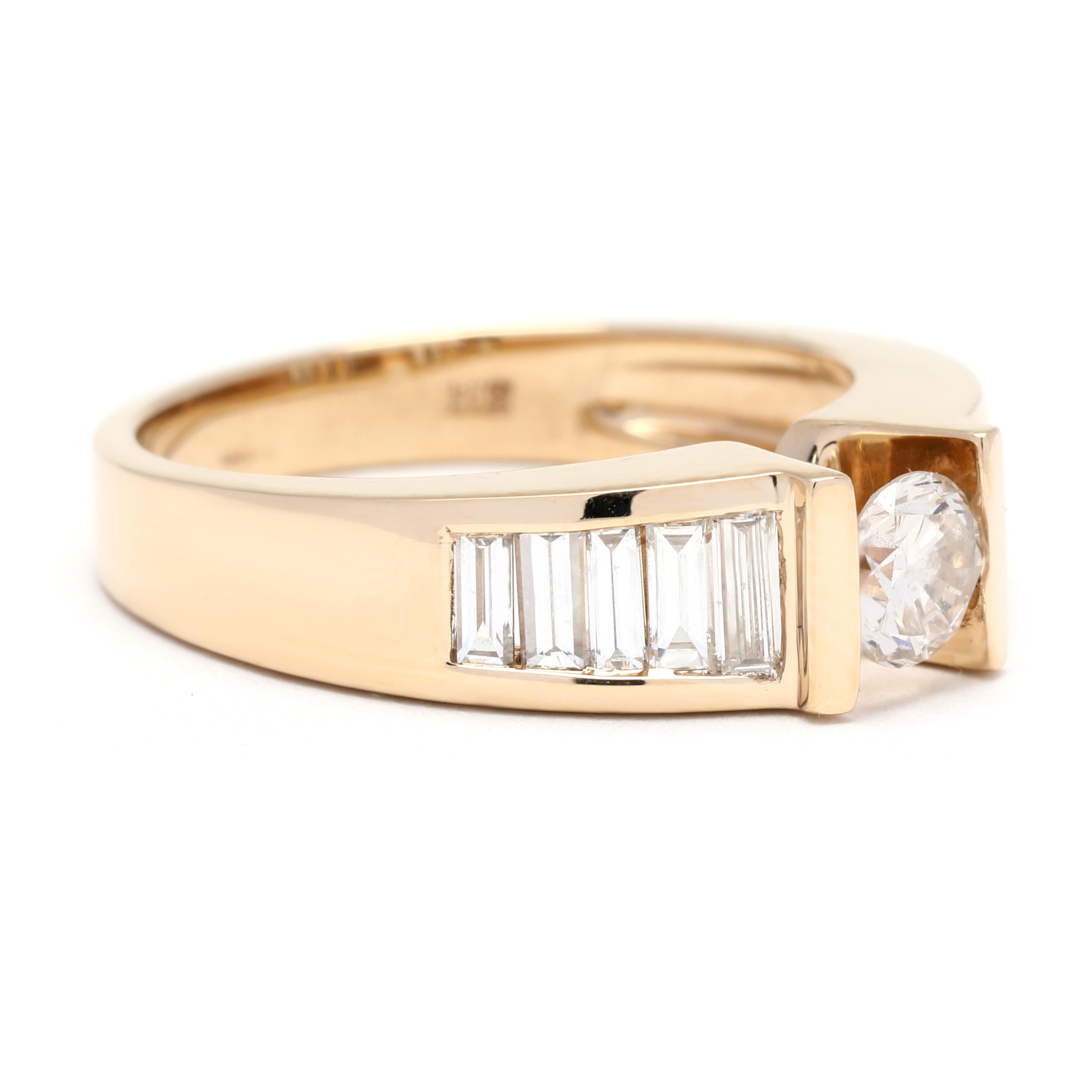 This modern diamond engagement ring is a true showstopper. Crafted in 14K yellow gold, this ring features a stunning baguette diamond center stone with a total carat weight of 1.95. The sleek and contemporary design of this ring is perfect for those
