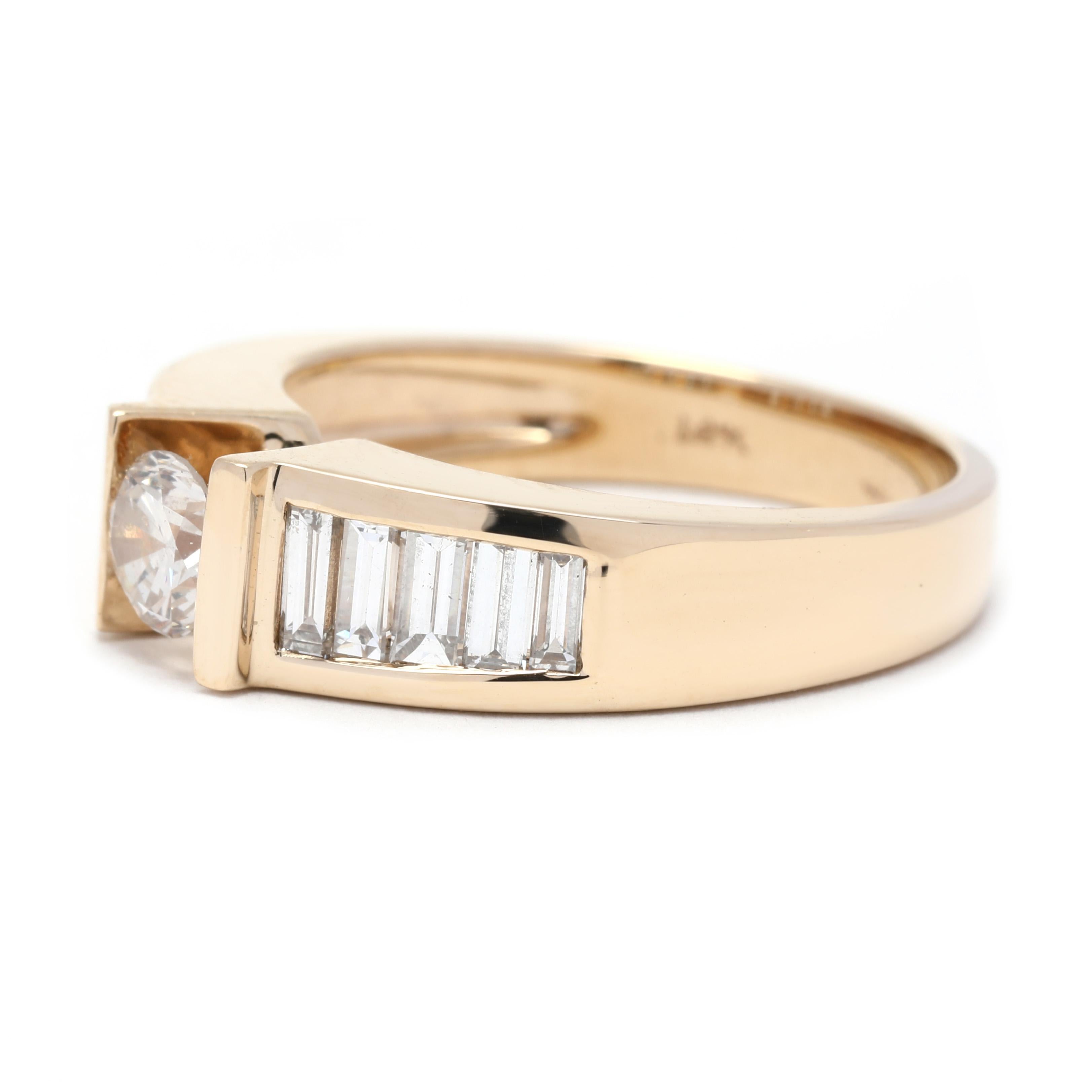 Baguette Cut 1.95ctw Modern Diamond Engagement Ring, 14K Yellow Gold, Ring Size 6.75 For Sale