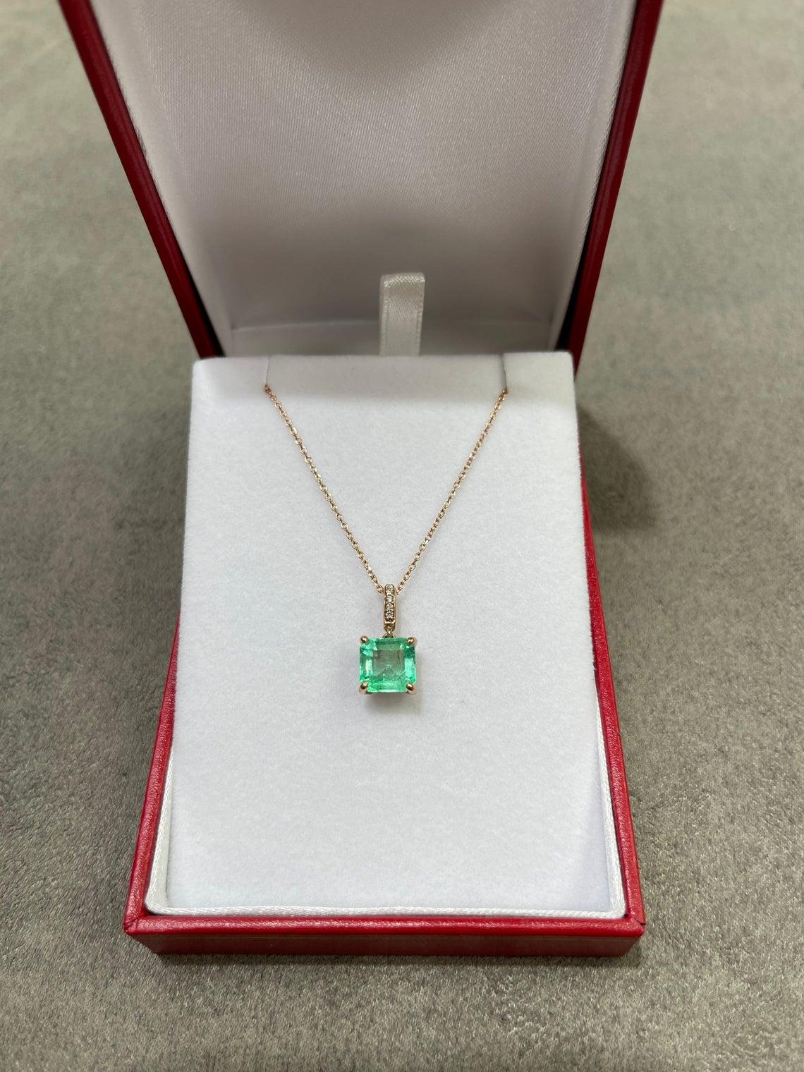 Emerald Cut 1.95tcw 14K Colombian Emerald & Diamond Rose Gold Necklace