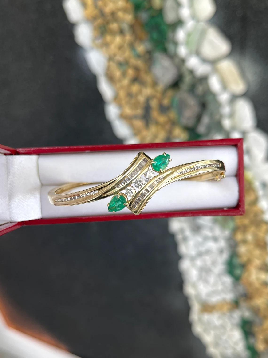 Women's 1.95tcw 14K Colombian Emerald Pear & Round/Baguette Diamond Bangle Bracelet For Sale
