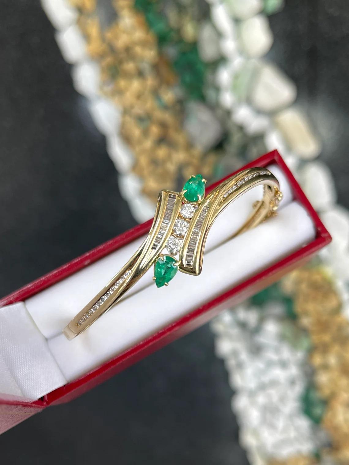 1.95tcw 14K Colombian Emerald Pear & Round/Baguette Diamond Bangle Bracelet For Sale 1