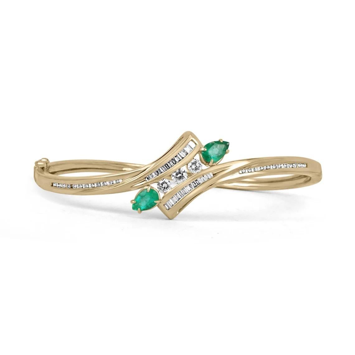 1.95tcw 14K Colombian Emerald Pear & Round/Baguette Diamond Bangle Bracelet For Sale