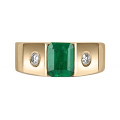 1.95tcw 14K Men's Emerald & Diamond Three Stone Solitaire Gold Ring