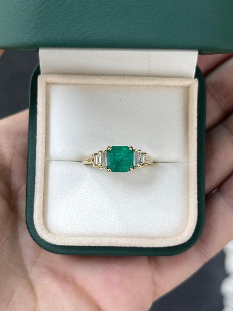 Contemporary 1.95tcw Five Stone Emerald & Diamond Engagement Ring, 18K Emerald Trapezoid Ring For Sale