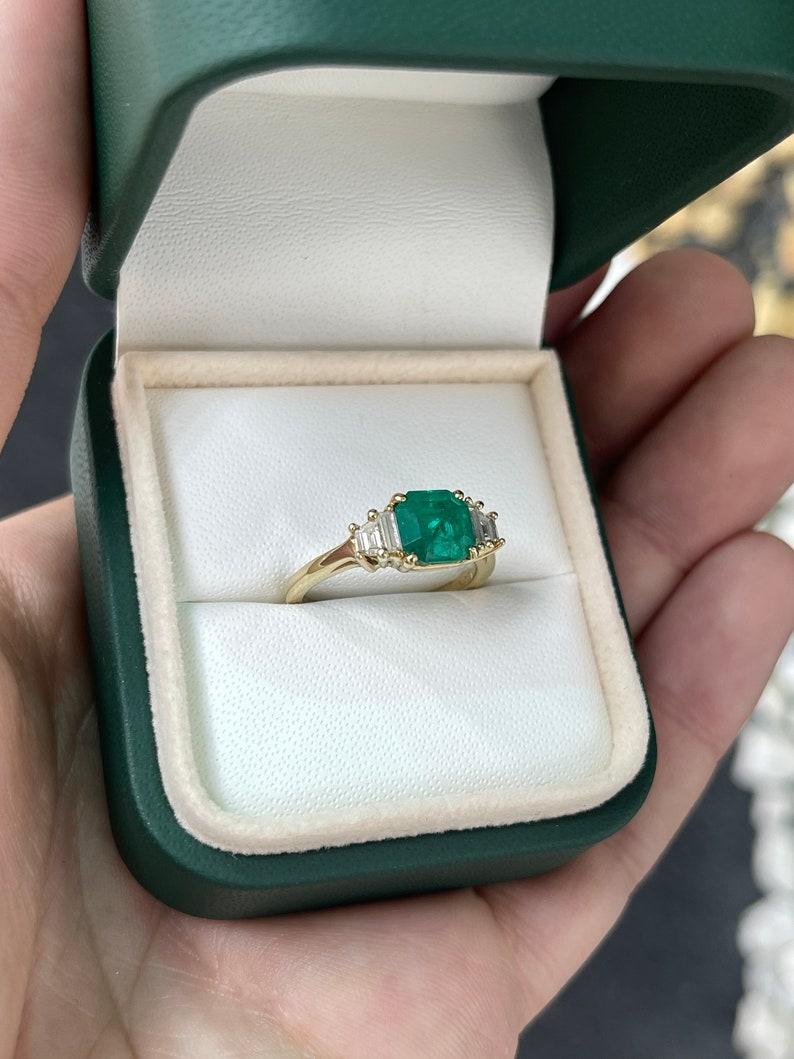 Emerald Cut 1.95tcw Five Stone Emerald & Diamond Engagement Ring, 18K Emerald Trapezoid Ring For Sale