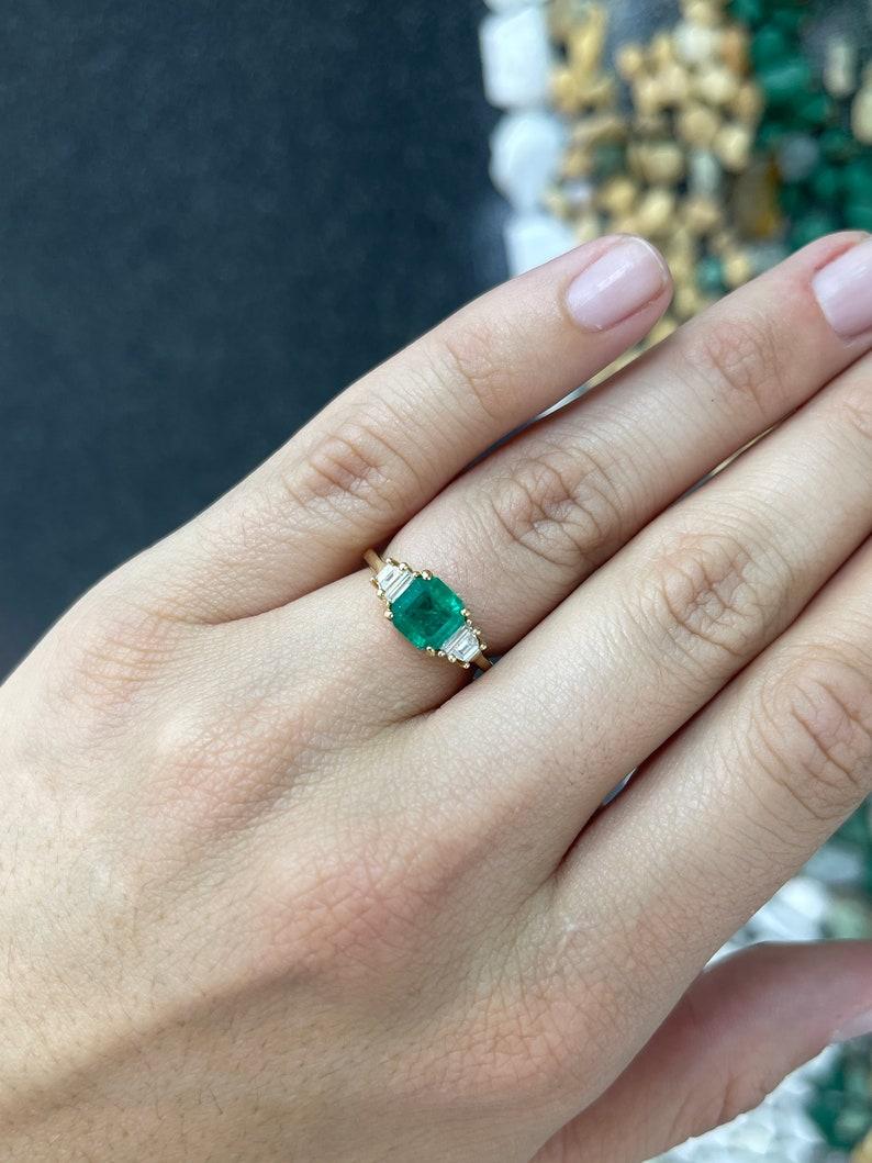 Women's 1.95tcw Five Stone Emerald & Diamond Engagement Ring, 18K Emerald Trapezoid Ring For Sale