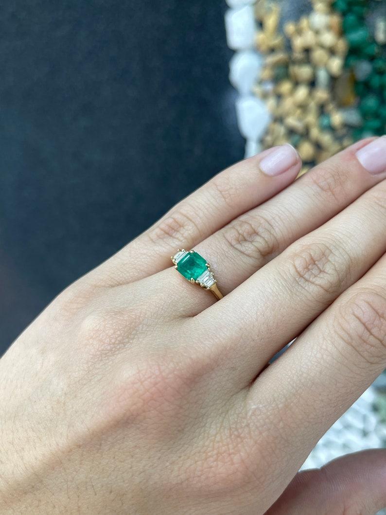 1.95tcw Five Stone Emerald & Diamond Engagement Ring, 18K Emerald Trapezoid Ring For Sale 1