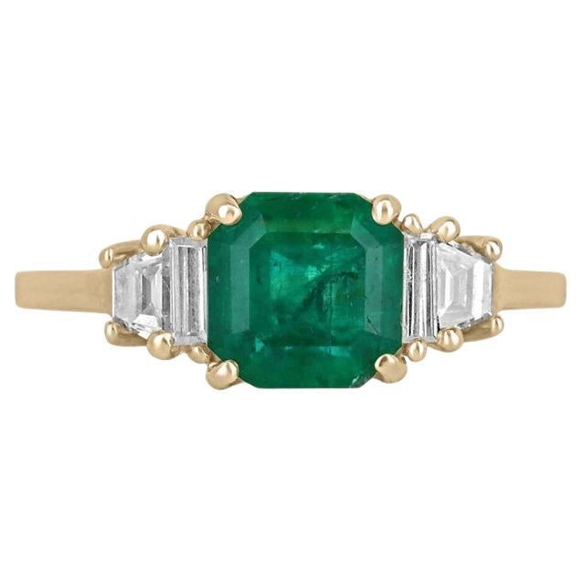 1.95tcw Five Stone Emerald & Diamond Engagement Ring, 18K Emerald Trapezoid Ring For Sale