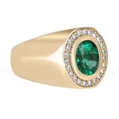 1.95tcw Men's 14K Gold Natural Emerald Oval & Diamond Halo