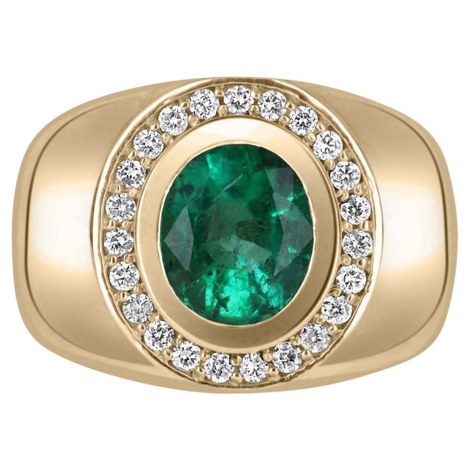 1.95tcw Men's 14K Gold Natural Emerald Oval & Diamond Halo