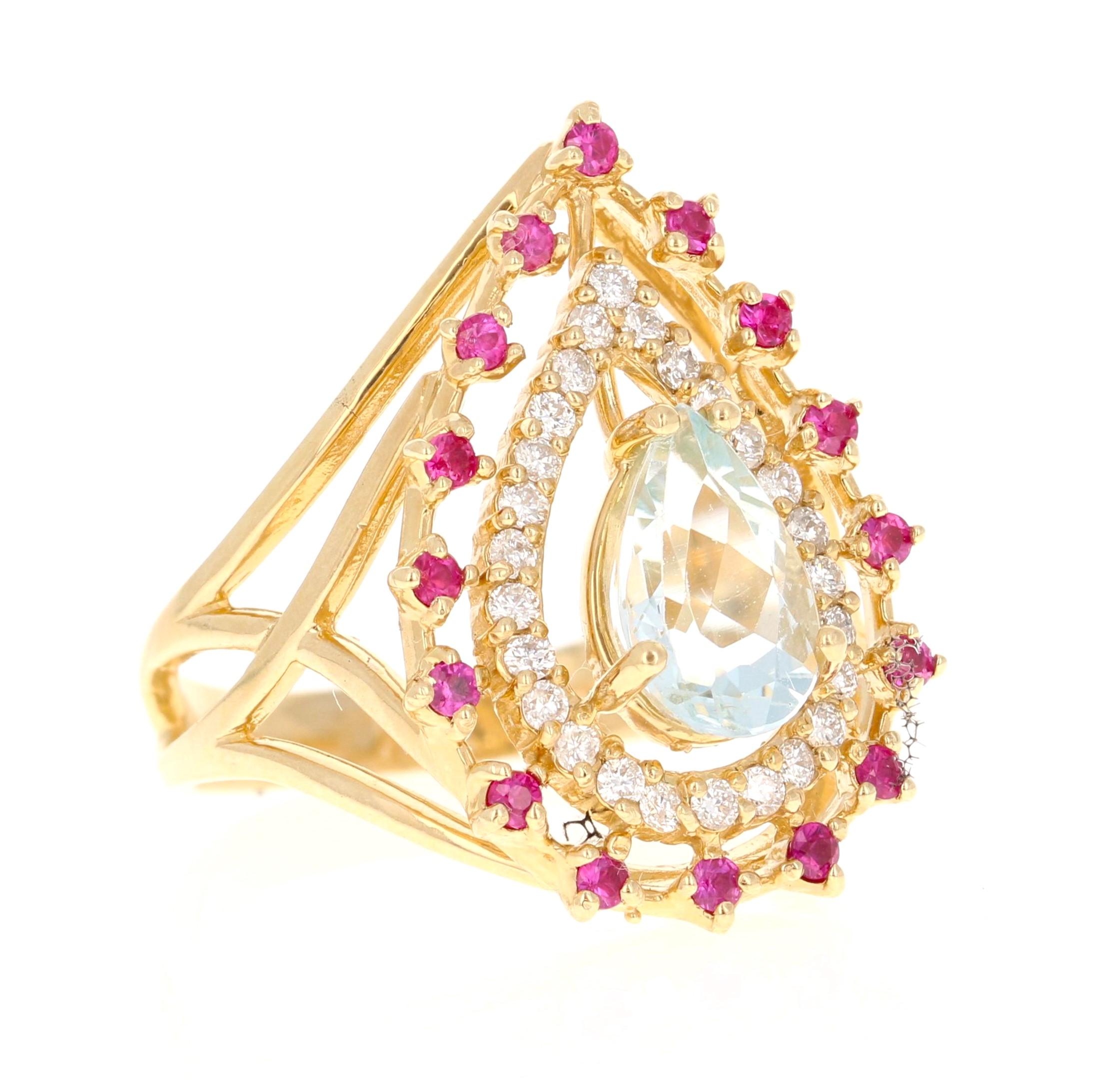 Anello da cocktail in oro giallo 14K con zaffiro e acquamarina da 1,91 carati

Questo anello ha una splendida acquamarina con taglio a pera da 1,33 carati ed è circondato da 26 diamanti con taglio rotondo per un peso di 0,31 carati.  La purezza e il