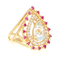 1.96 Carat Aquamarine Sapphire Diamond Yellow Gold Cocktail Ring