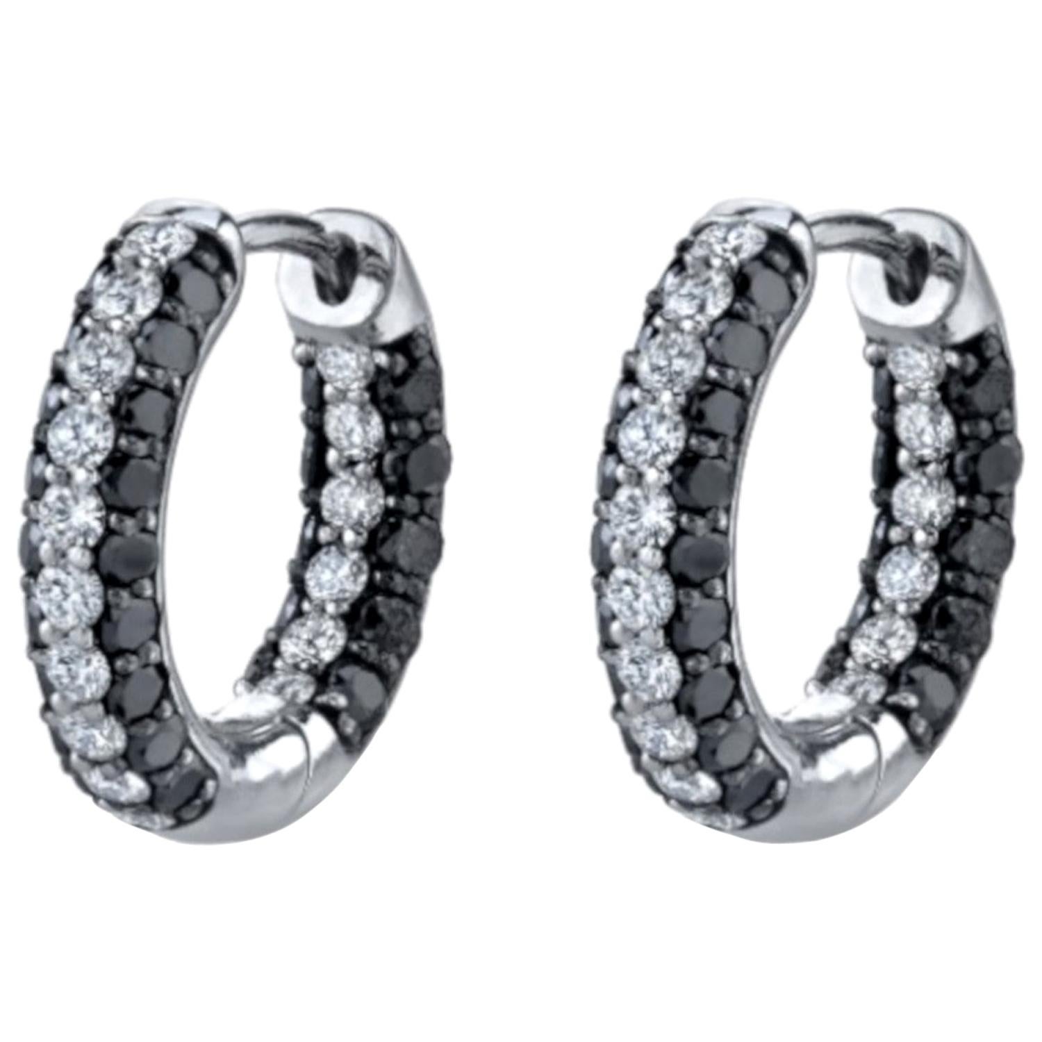 1.96 Carat Black Diamond and White Diamond Hoop Earrings 18 Karat White Gold