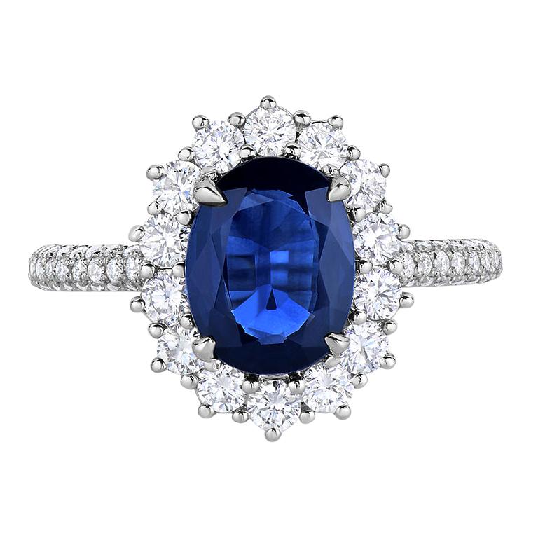 1.96 Carat Blue Oval Sapphire Conflict Free Diamond Cocktail Halo Ring For Sale