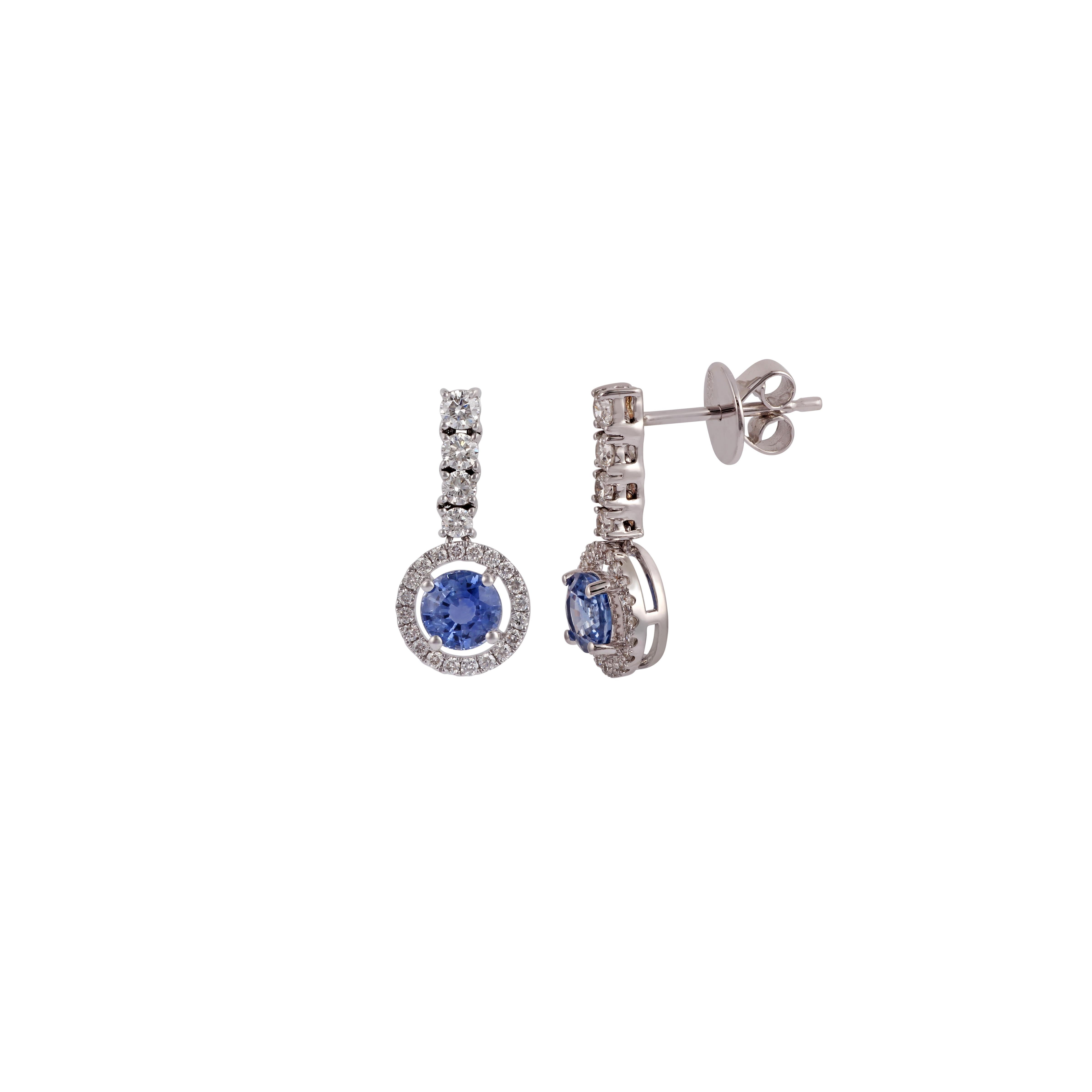 Modern 1.96  Carat Blue Sapphire & Diamond Earrings Studs in 18k White Gold . For Sale