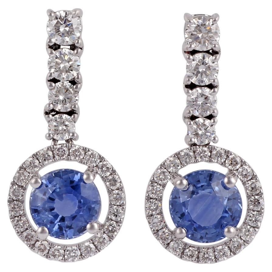 1.96  Carat Blue Sapphire & Diamond Earrings Studs in 18k White Gold .