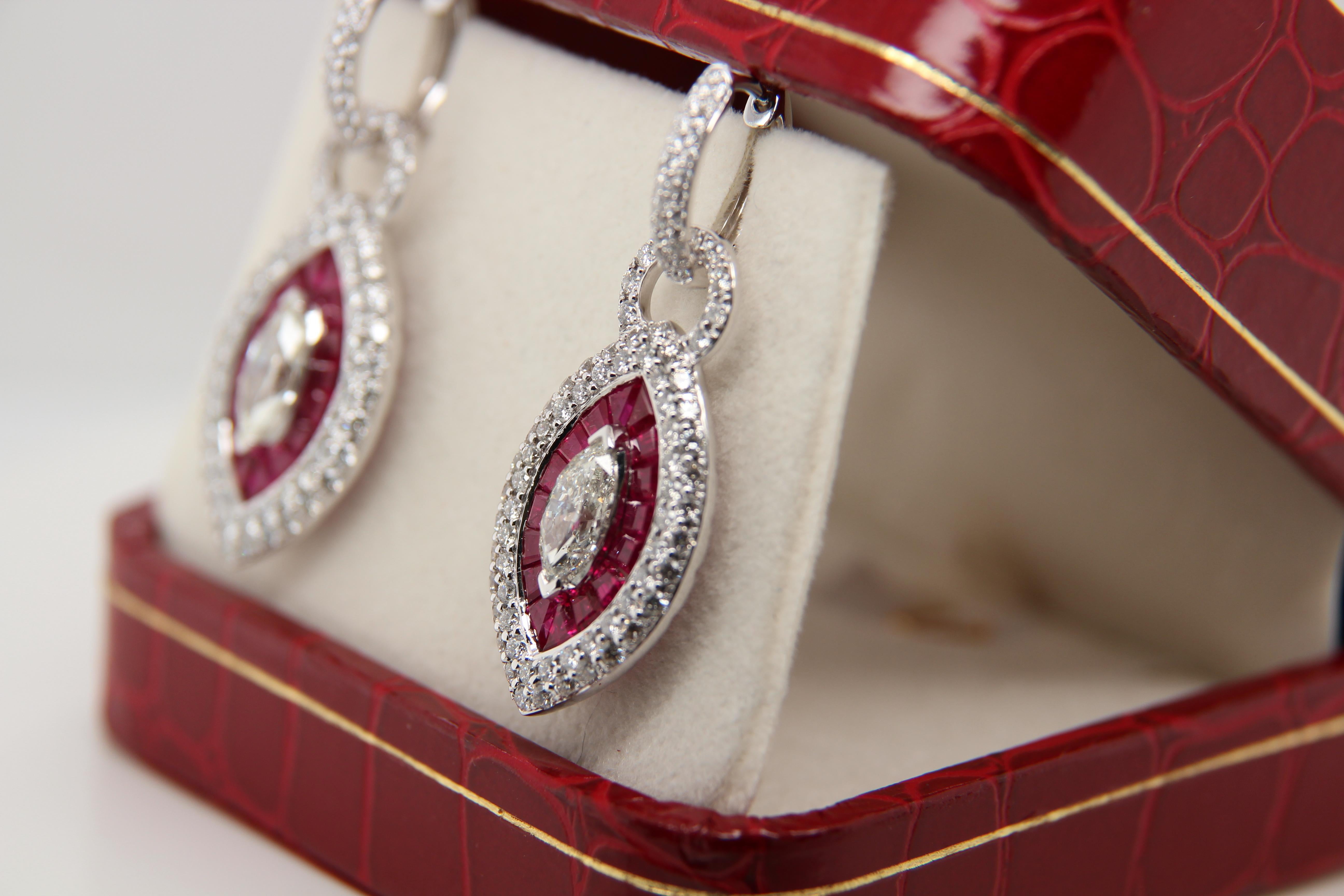 Marquise Cut 1.96 Carat Diamond and Ruby 18 Karat Gold Earring
