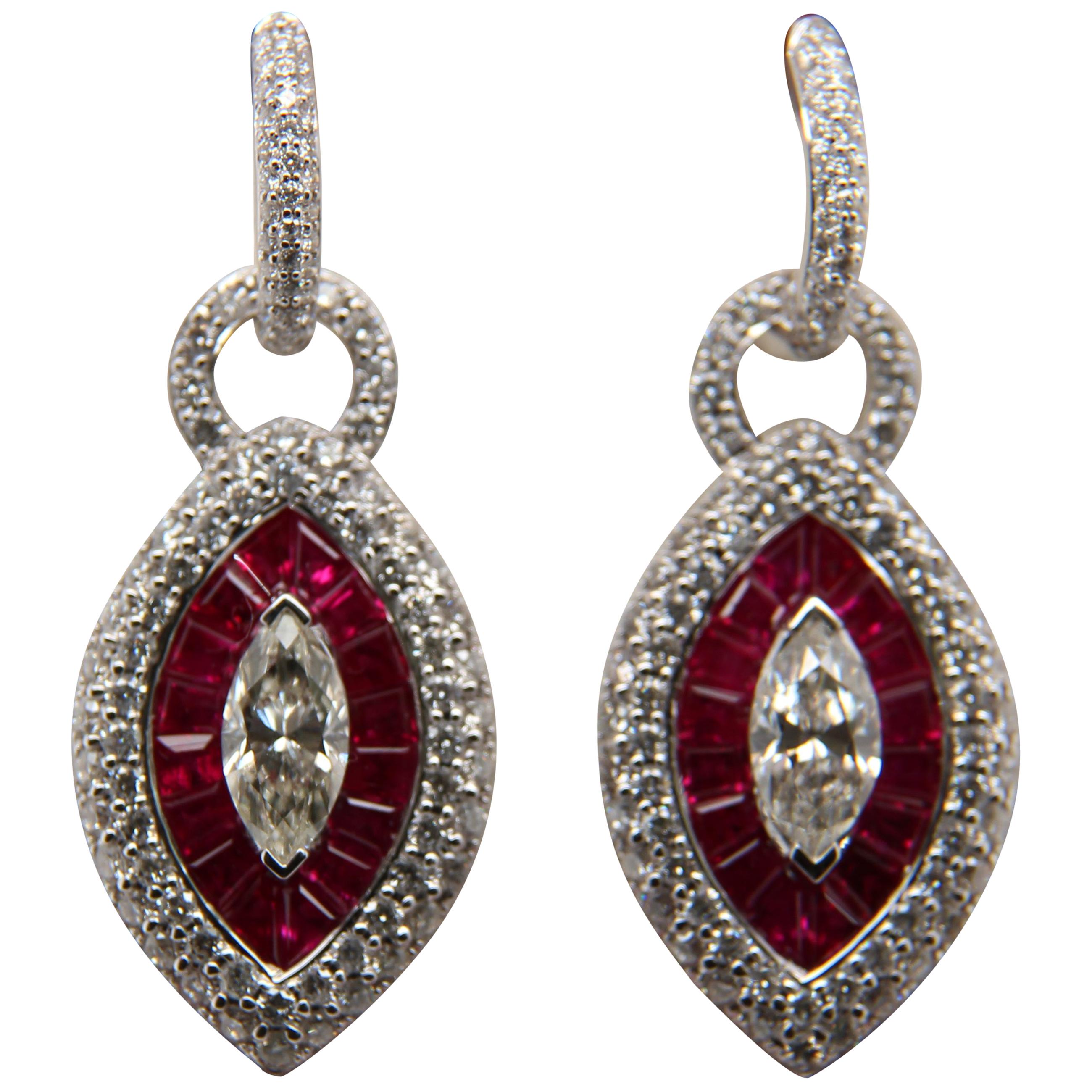1.96 Carat Diamond and Ruby 18 Karat Gold Earring