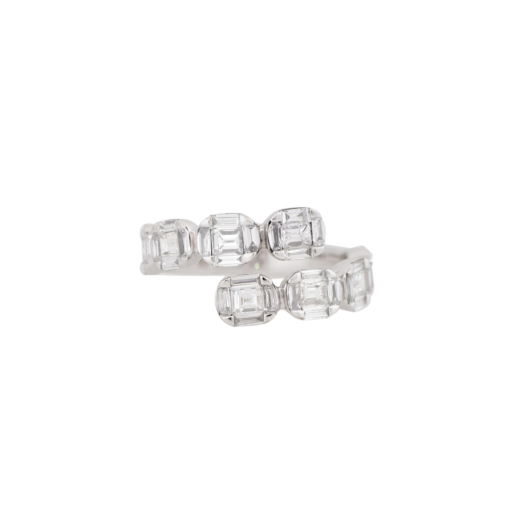 18k White Gold 1.96ctw Diamond Mosaic Bypass Ring

Product: Mosaic Diamond Bypass Ring
Material: 18k White Gold
Diamond Details: There are approximately 1.96 carats of Baguette cut diamonds (65 stones)
Diamond Clarity: Diamonds are approximately