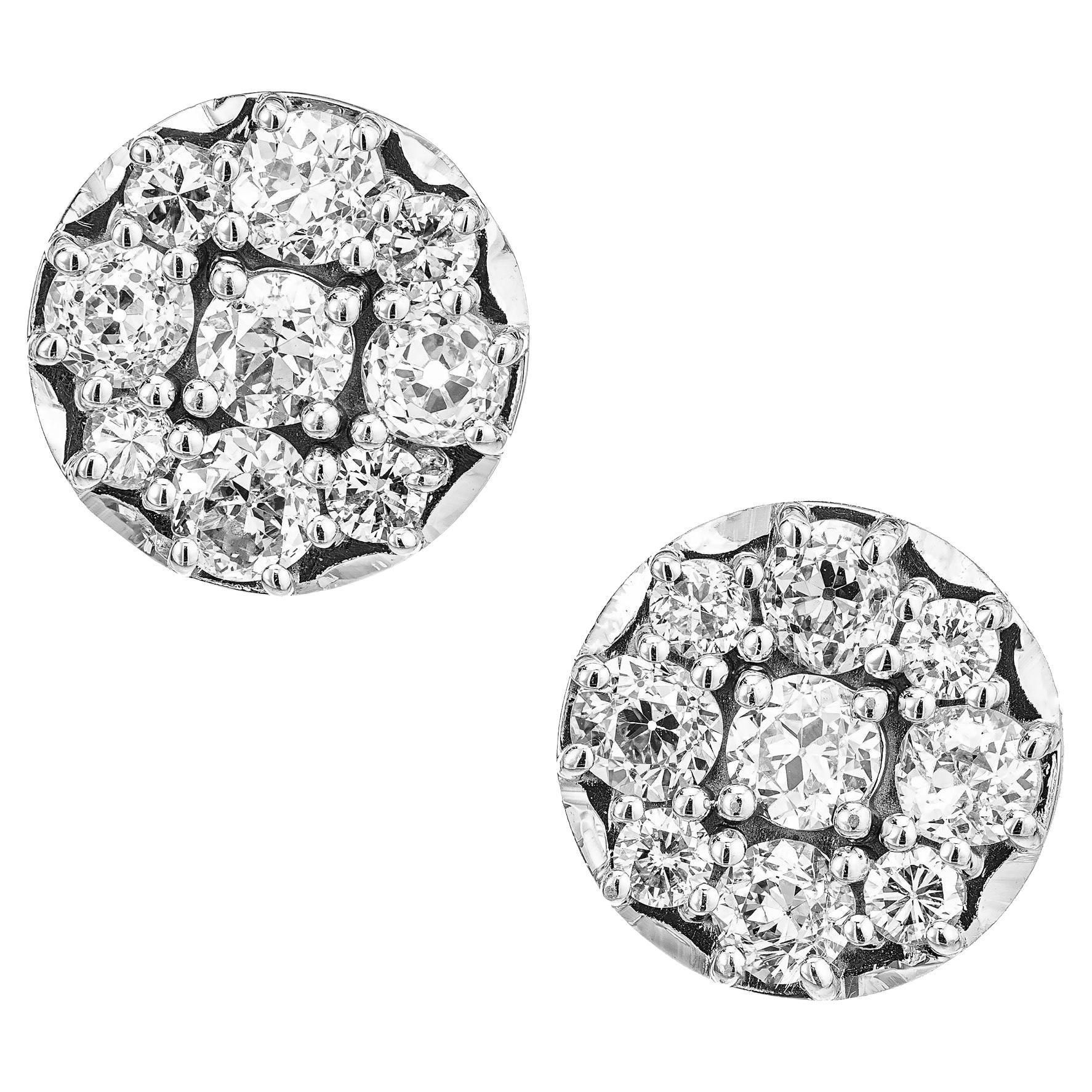 1.96 Carat Diamond White Gold Cluster Earrings For Sale