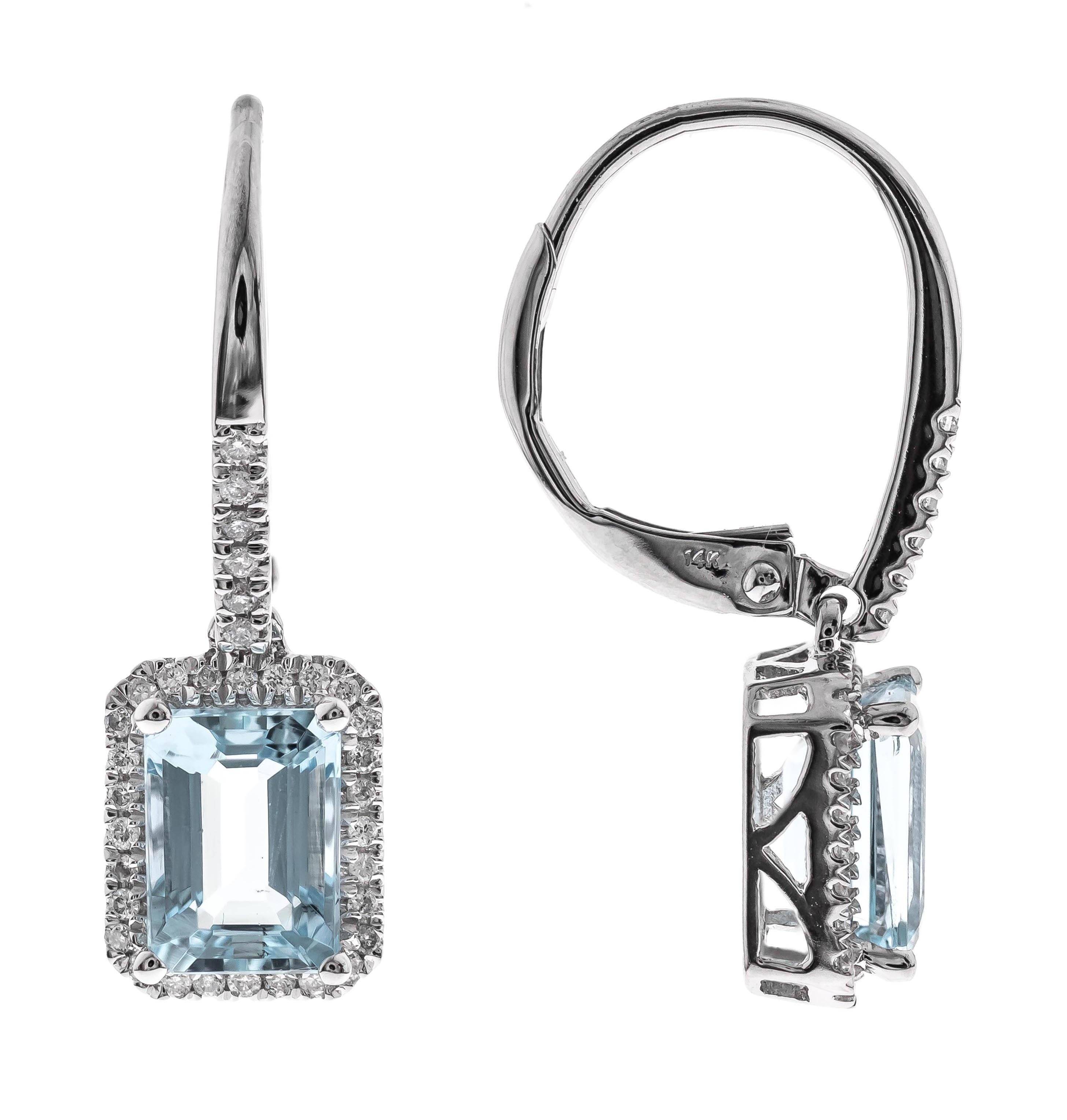 Art Deco 1.96 Carat Emerald-Cut Aquamarine Diamond Accents 14K White Gold Earring For Sale