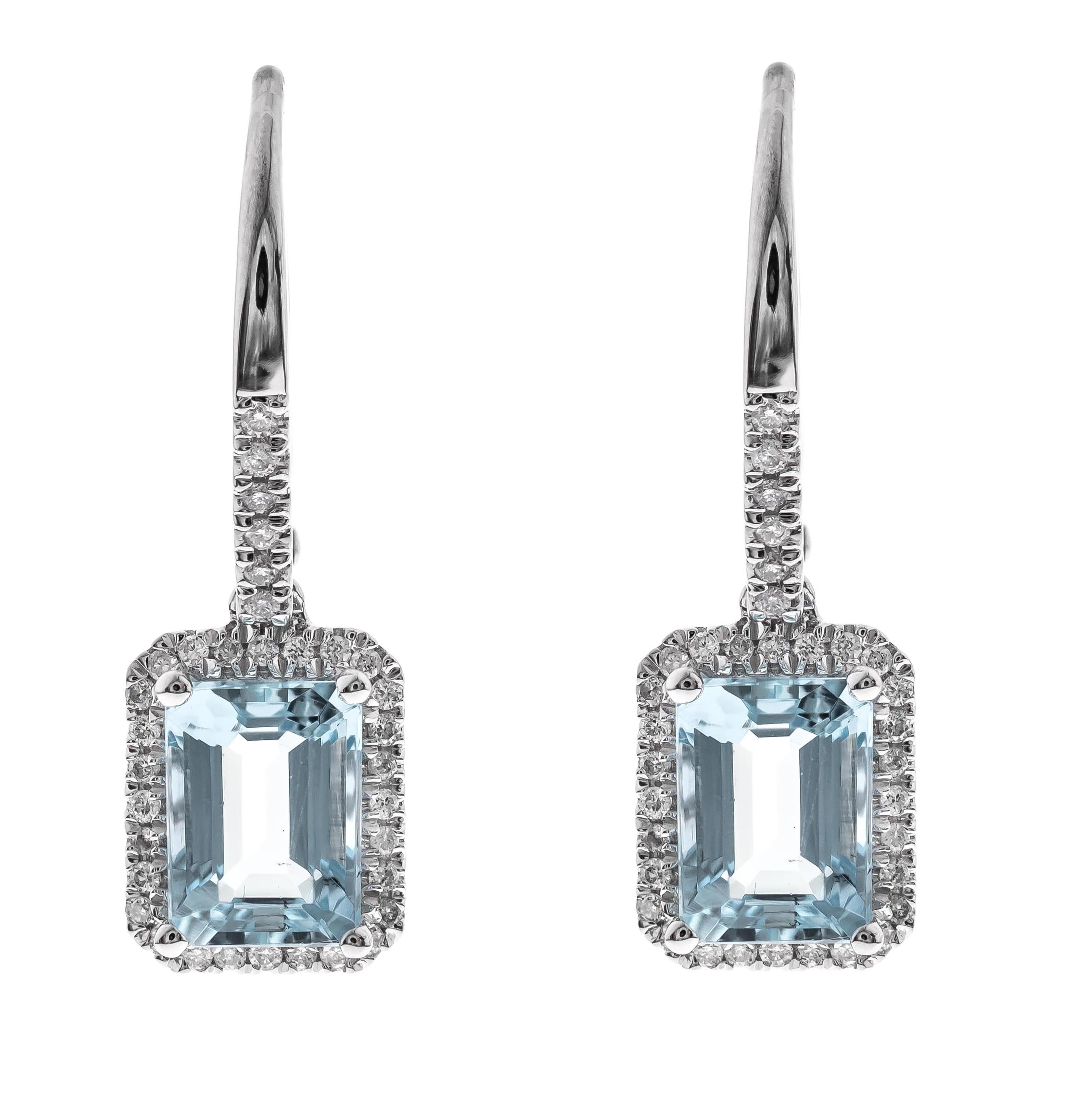 Emerald Cut 1.96 Carat Emerald-Cut Aquamarine Diamond Accents 14K White Gold Earring For Sale