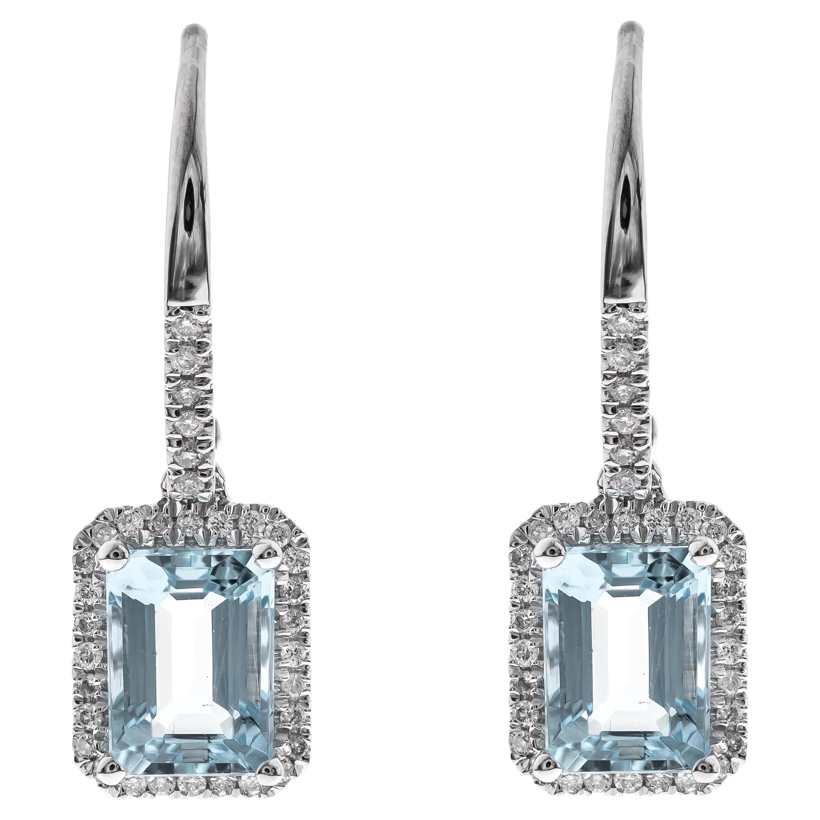 1.96 Carat Emerald-Cut Aquamarine Diamond Accents 14K White Gold Earring For Sale