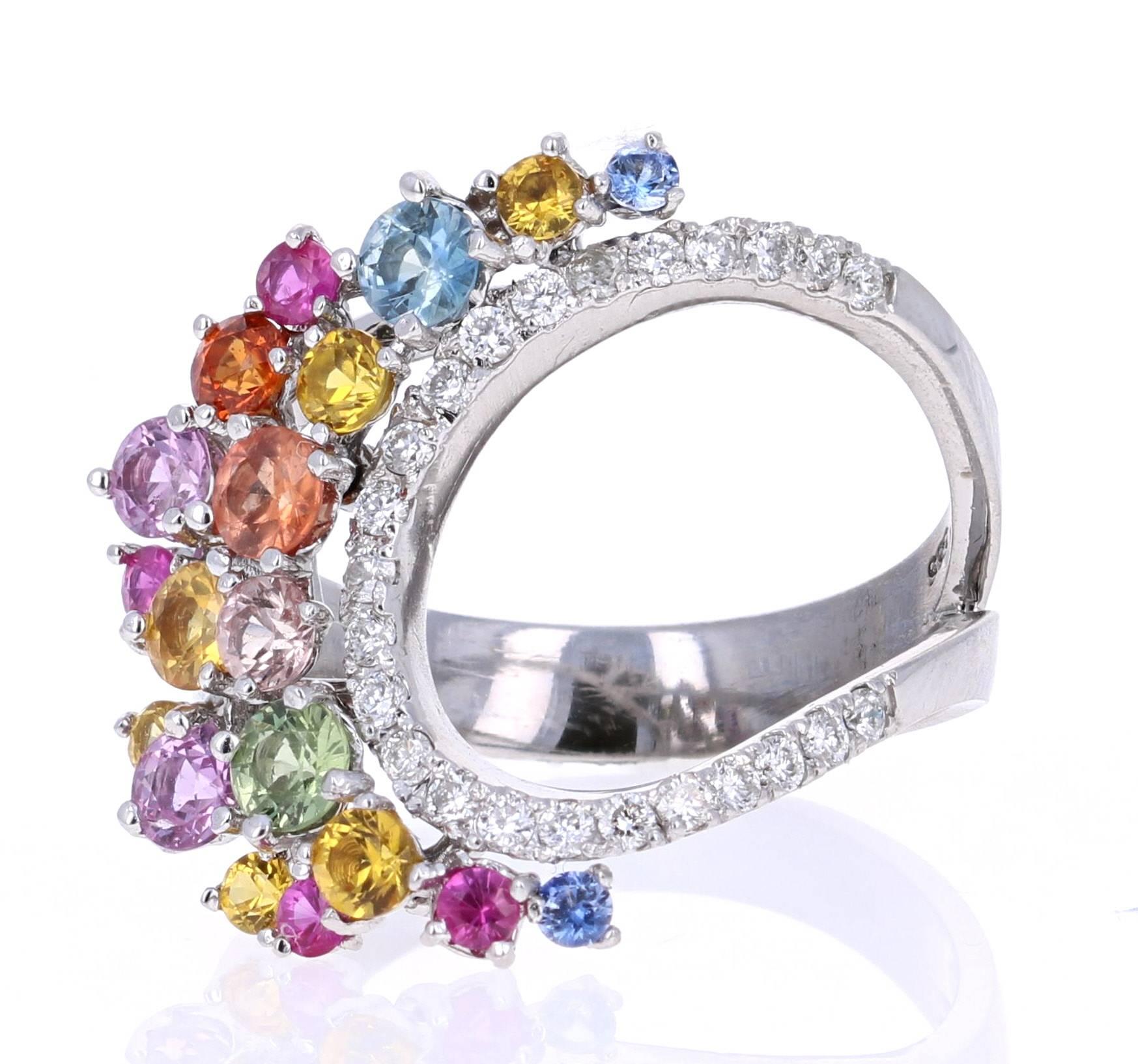 Modern 1.96 Carat Multicolored Sapphire Diamond 14 Karat White Gold Cocktail Ring