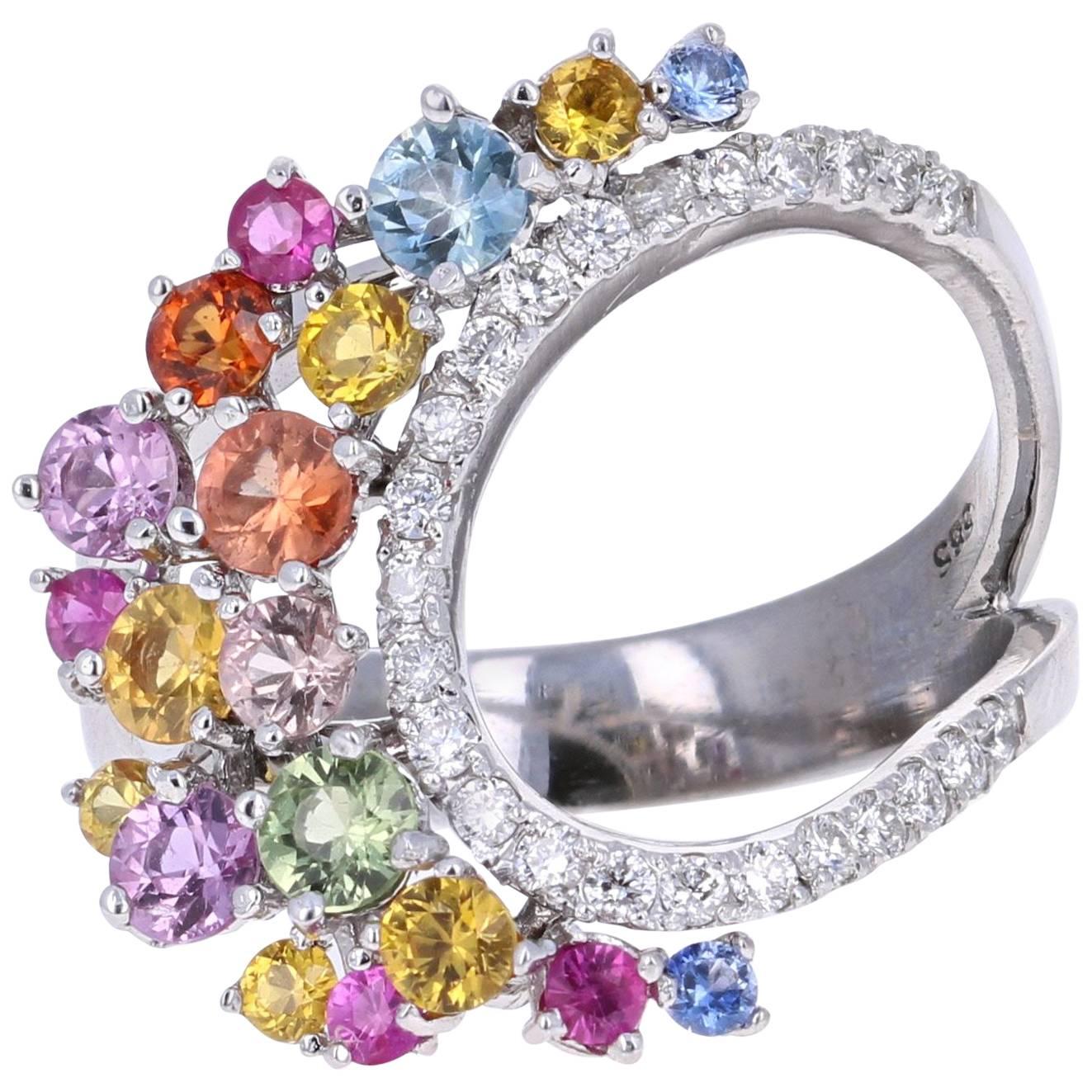 1.96 Carat Multicolored Sapphire Diamond 14 Karat White Gold Cocktail Ring