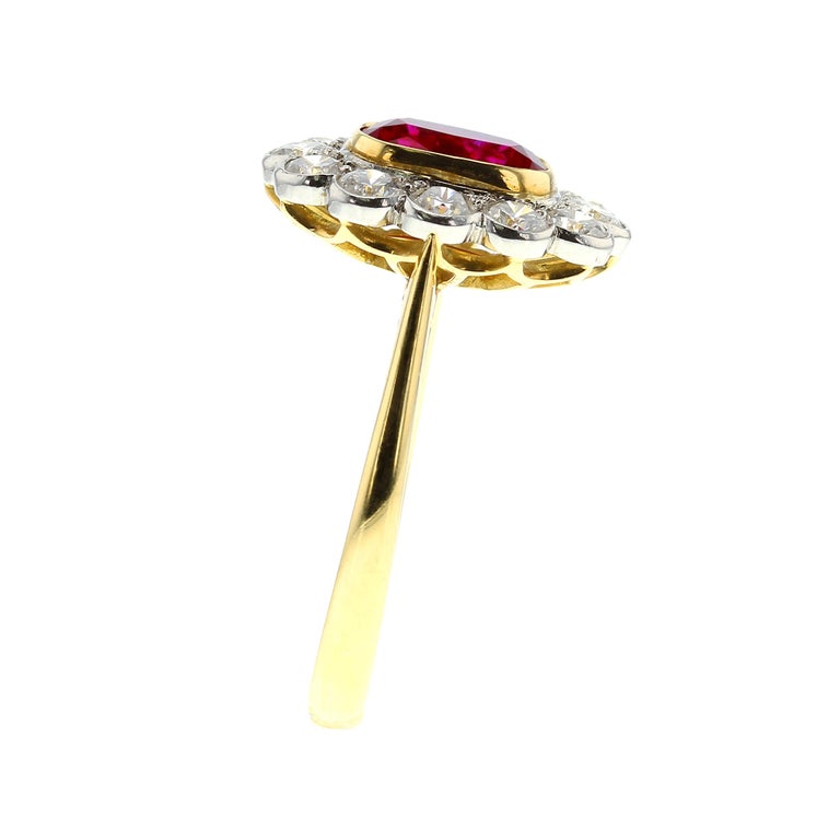 Retro 1.96 Carat Natural Burma No Heat Ruby Diamond Gold Platinum Cluster Ring For Sale