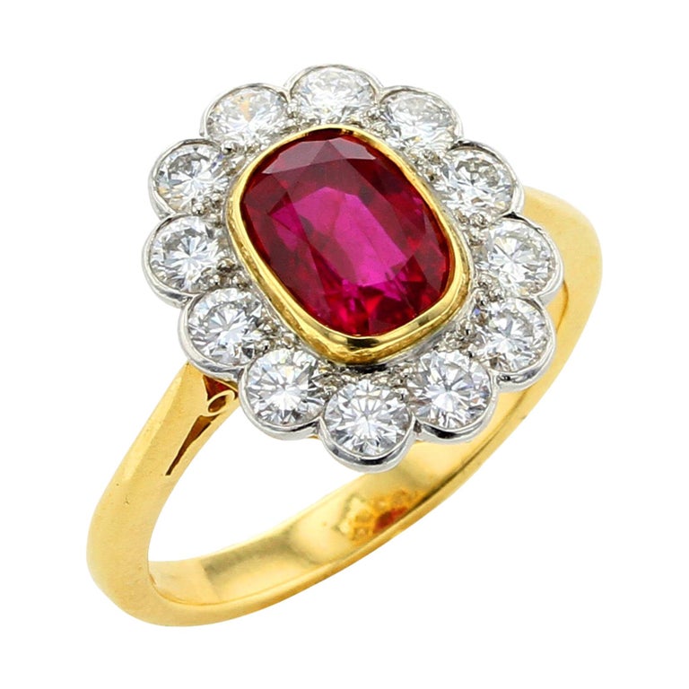1.96 Carat Natural Burma No Heat Ruby Diamond Gold Platinum Cluster Ring For Sale