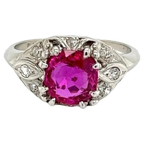 1.96 Carat Natural Purple Red NO HEAT BURMA Ruby GIA Diamond Platinum Ring For Sale