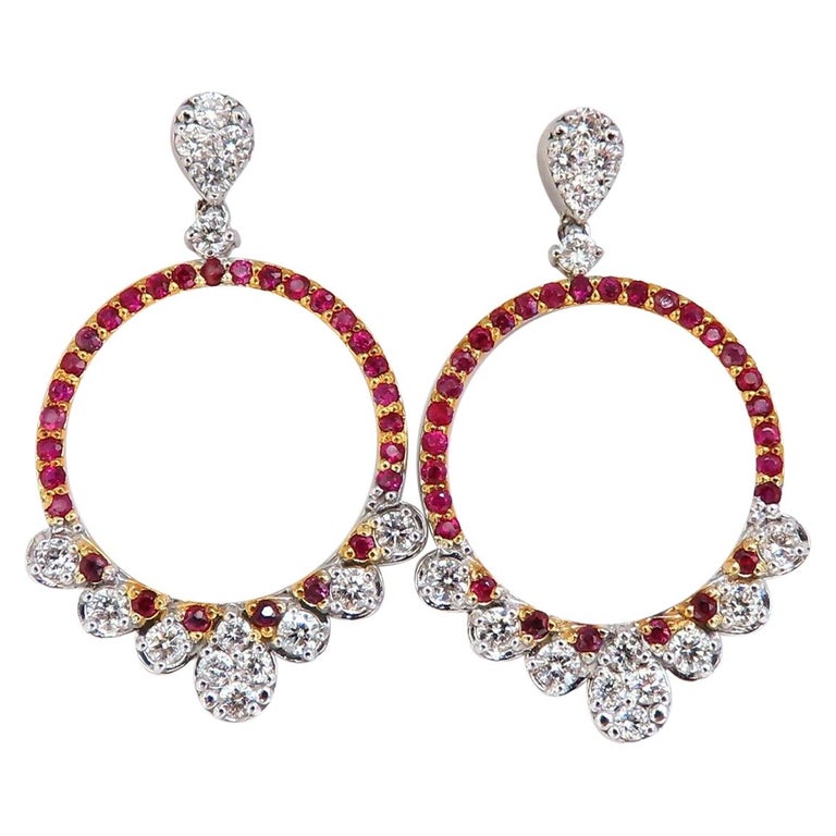 1.96 Carat Natural Red Ruby Circular Dangling Diamond Earrings 14 Karat