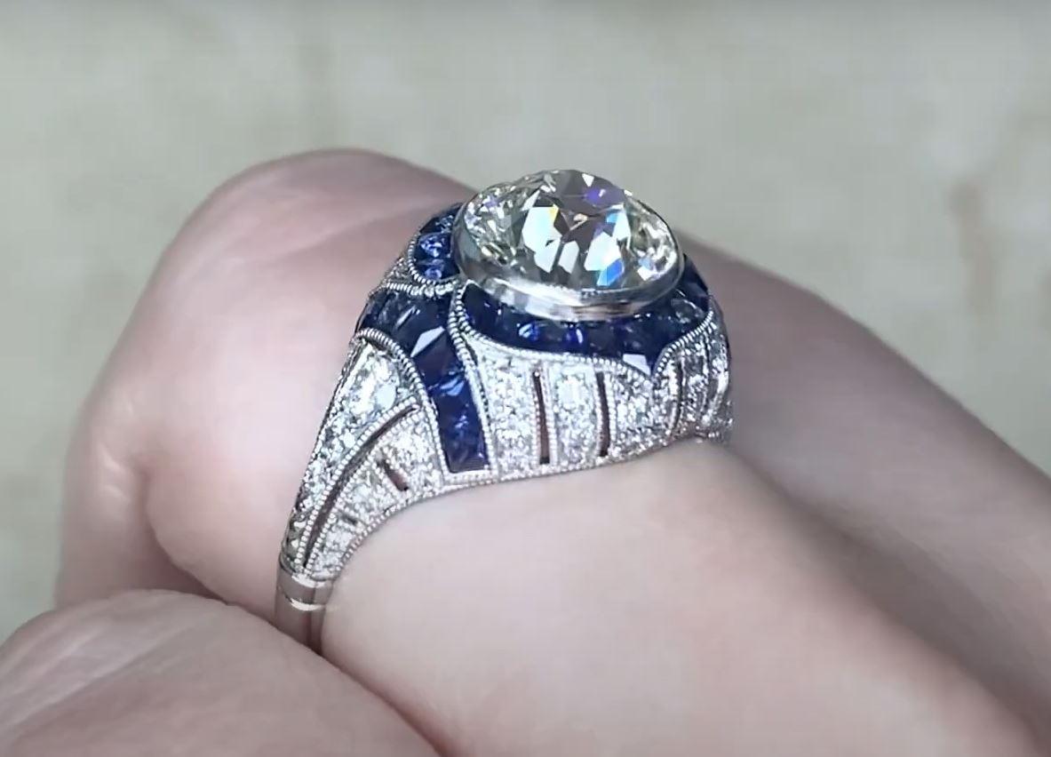 1.96 Carat Old Euro-Cut Diamond Ring, VS1 Clarity, Sapphire Halo, Platinum In Excellent Condition In New York, NY