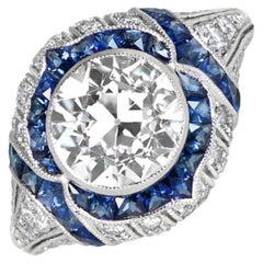1.96 Carat Old Euro-Cut Diamond Ring, VS1 Clarity, Sapphire Halo, Platinum