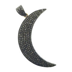 1.96 Carat Pave Diamond Moon Pendant in Oxidized Sterling Silver and 14Kt Gold