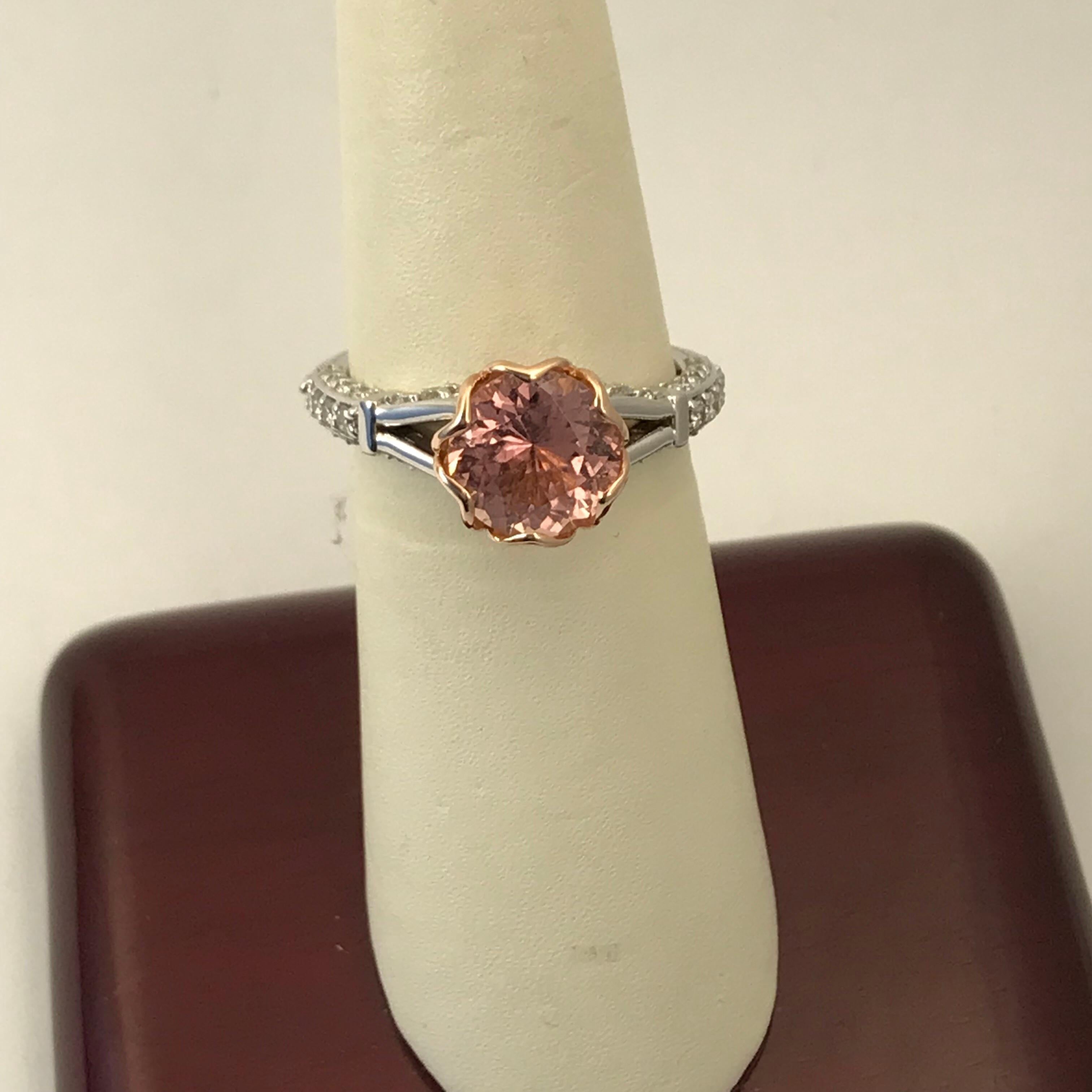 1.96 Carat Peach Tourmaline Set in 14 Karat White and Rose Gold Engagement Ring For Sale 5