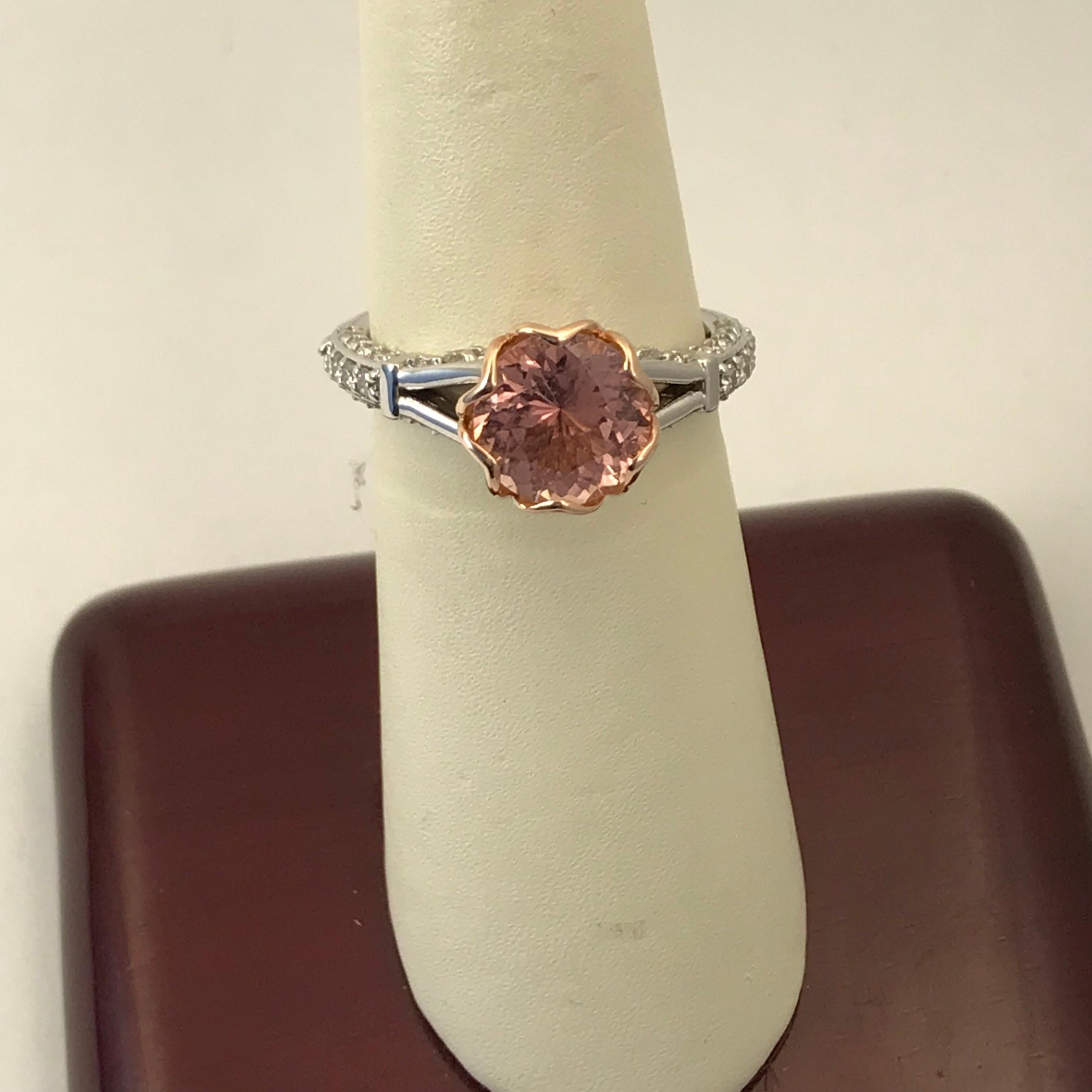1.96 Carat Peach Tourmaline Set in 14 Karat White and Rose Gold Engagement Ring For Sale 6