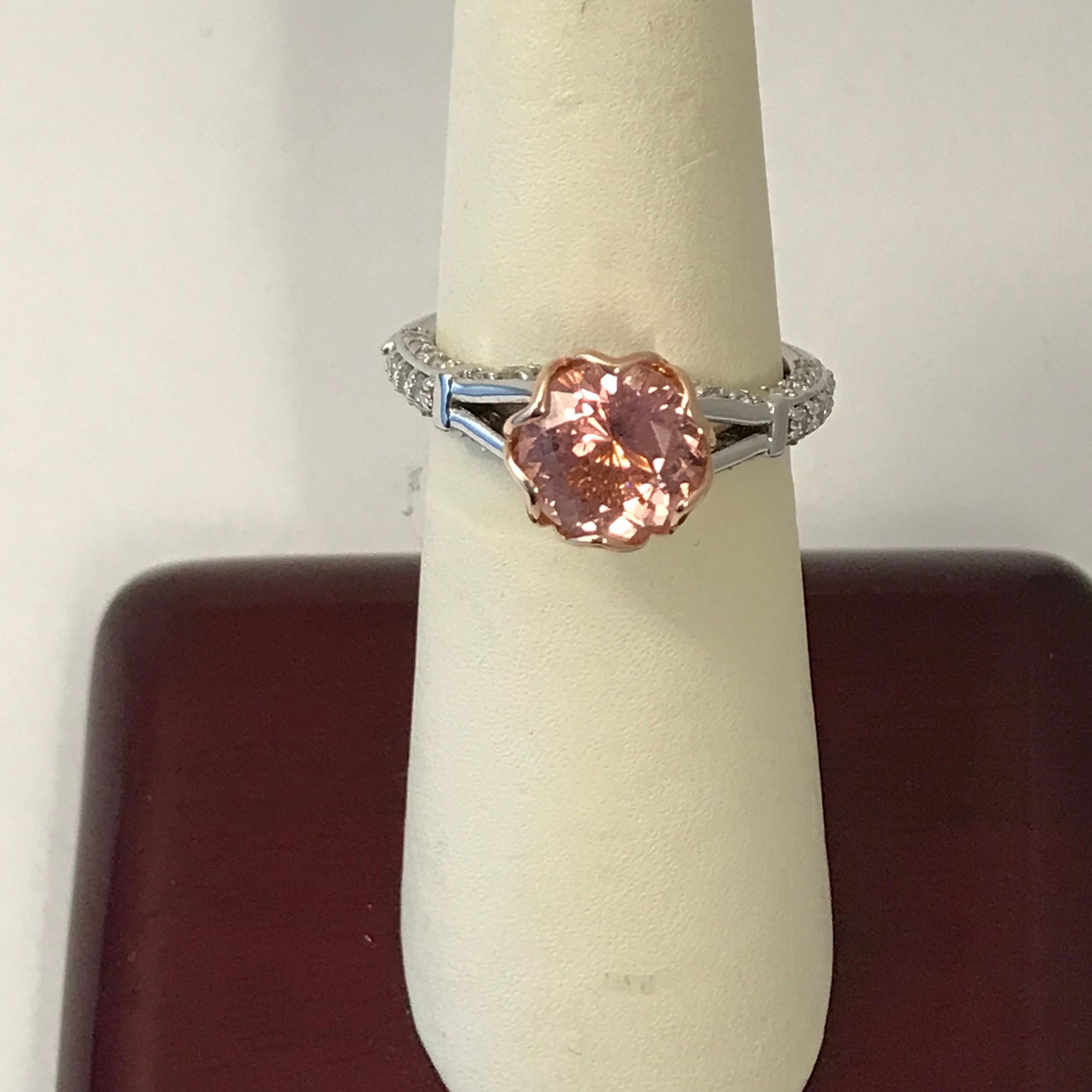 1.96 Carat Peach Tourmaline Set in 14 Karat White and Rose Gold Engagement Ring For Sale 7