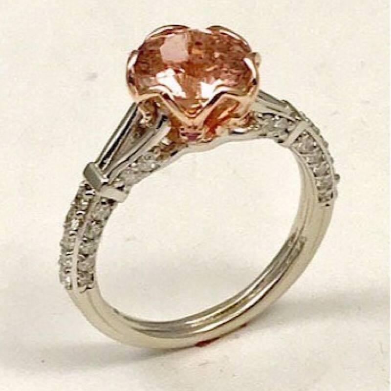 Contemporary 1.96 Carat Peach Tourmaline Set in 14 Karat White and Rose Gold Engagement Ring For Sale