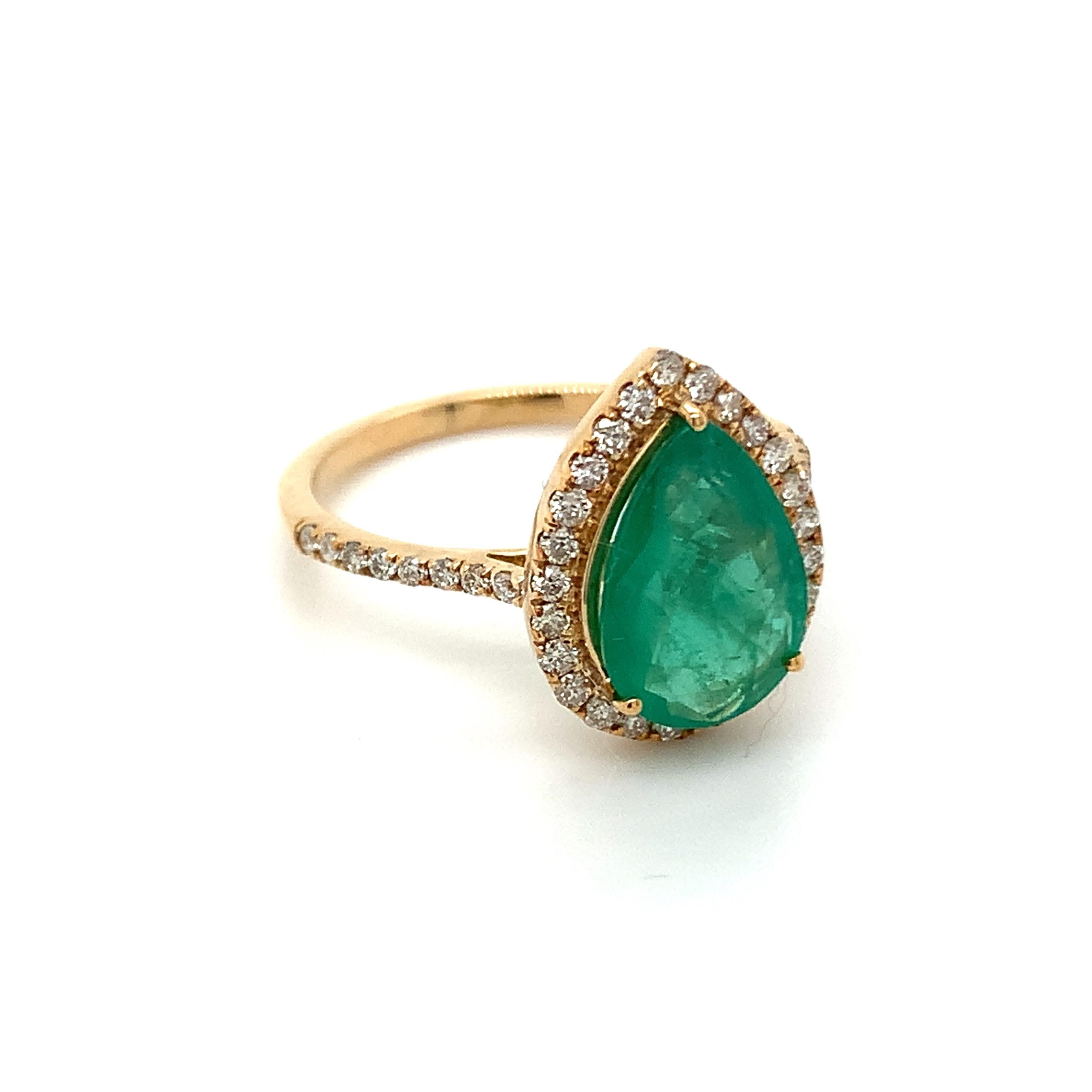 Pear shape emerald gemstone beautifully crafted in a 10K yellow gold ring with natural diamonds.

With a vibrant green color hue. The birthstone for May is a symbol of renewed spring growth. Explore a vast range of precious stone Jewelry in our