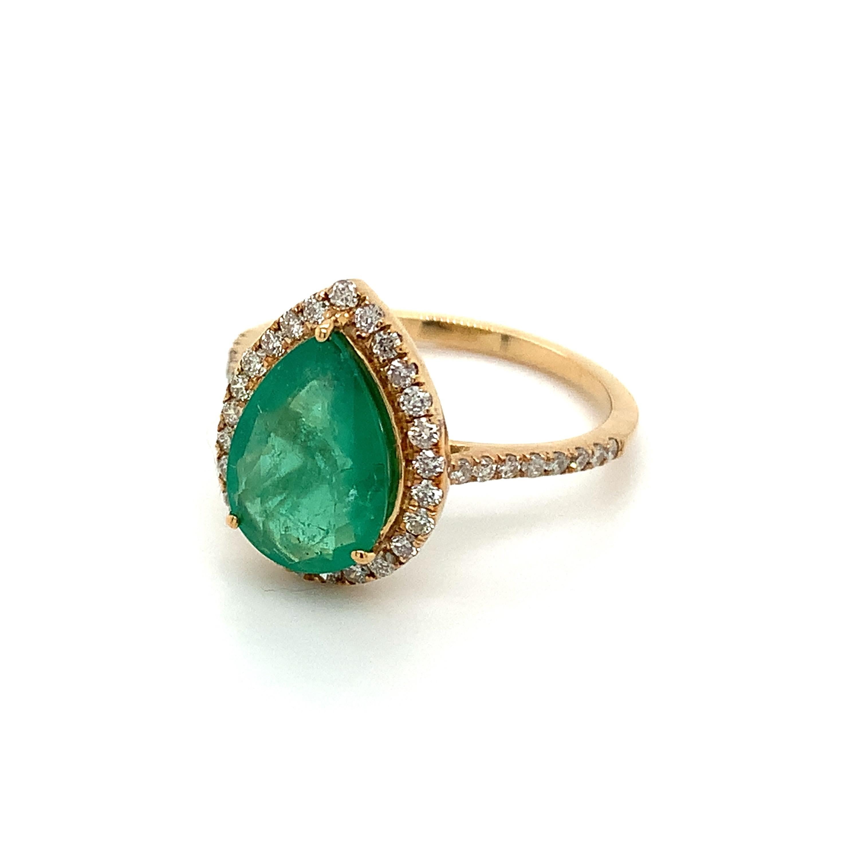 Modern 1.96 Carat Pear Shape Emerald Ring with Diamonds in 10k Yellow Gold For Sale