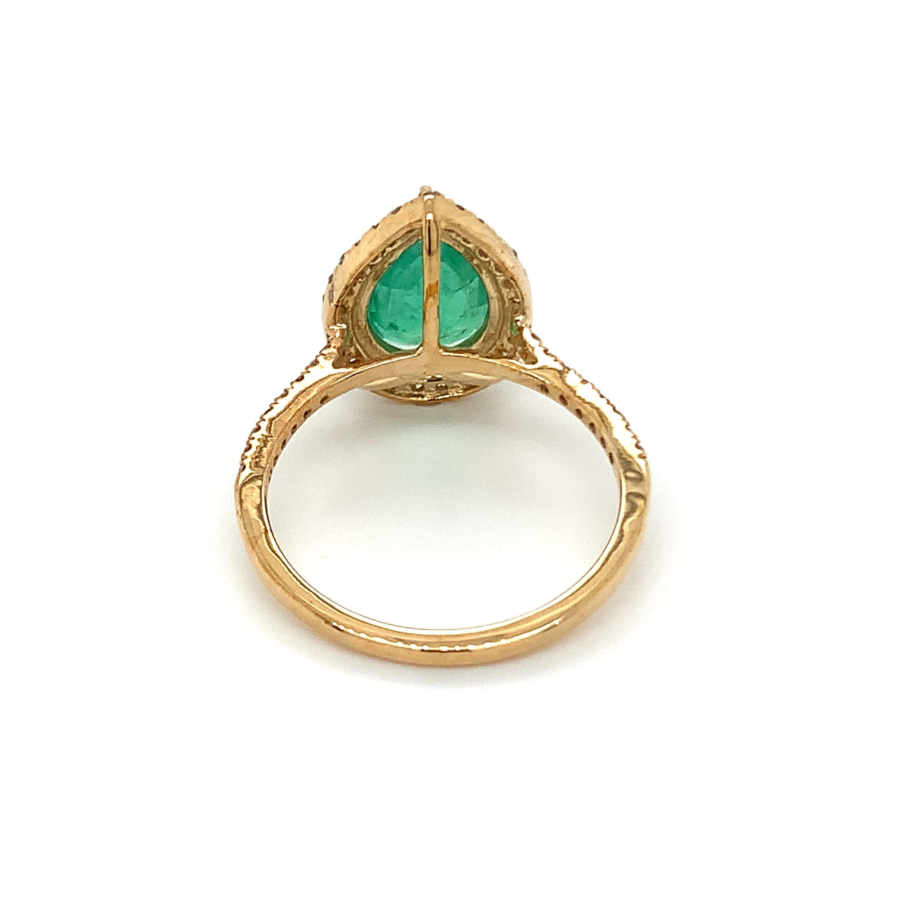 Pear Cut 1.96 Carat Pear Shape Emerald Ring with Diamonds in 10k Yellow Gold For Sale