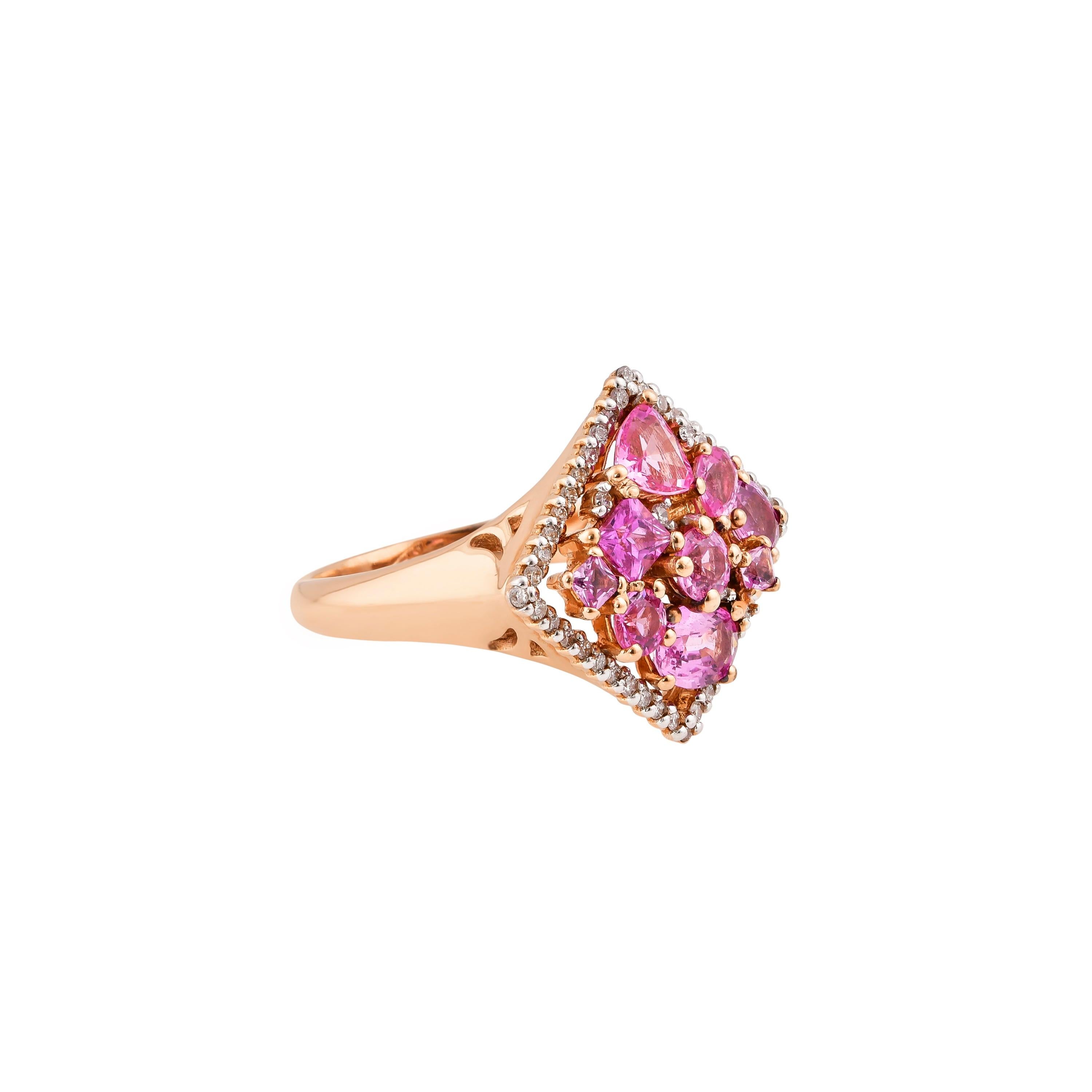 Sunita Nahata presents an exclusive collection of pink sapphire rings. With a mix of floral designs and cluster setting these pieces are accented with diamonds to present a unique array of rings. 

Designer pink sapphire ring in 18K rose gold with