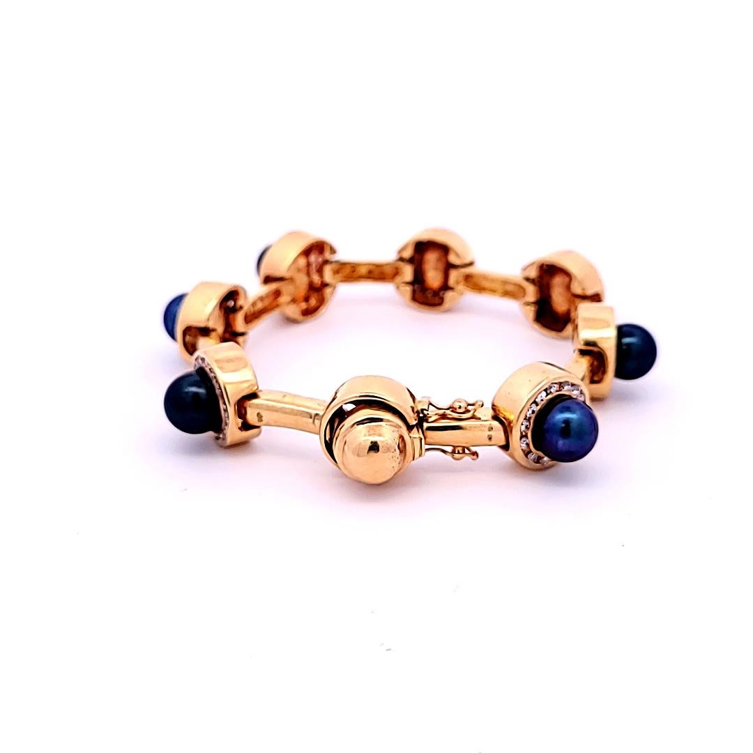 1.96 Carat Round Brilliant Diamond and Pearl 14 K Yellow Gold Link Bracelet For Sale 1